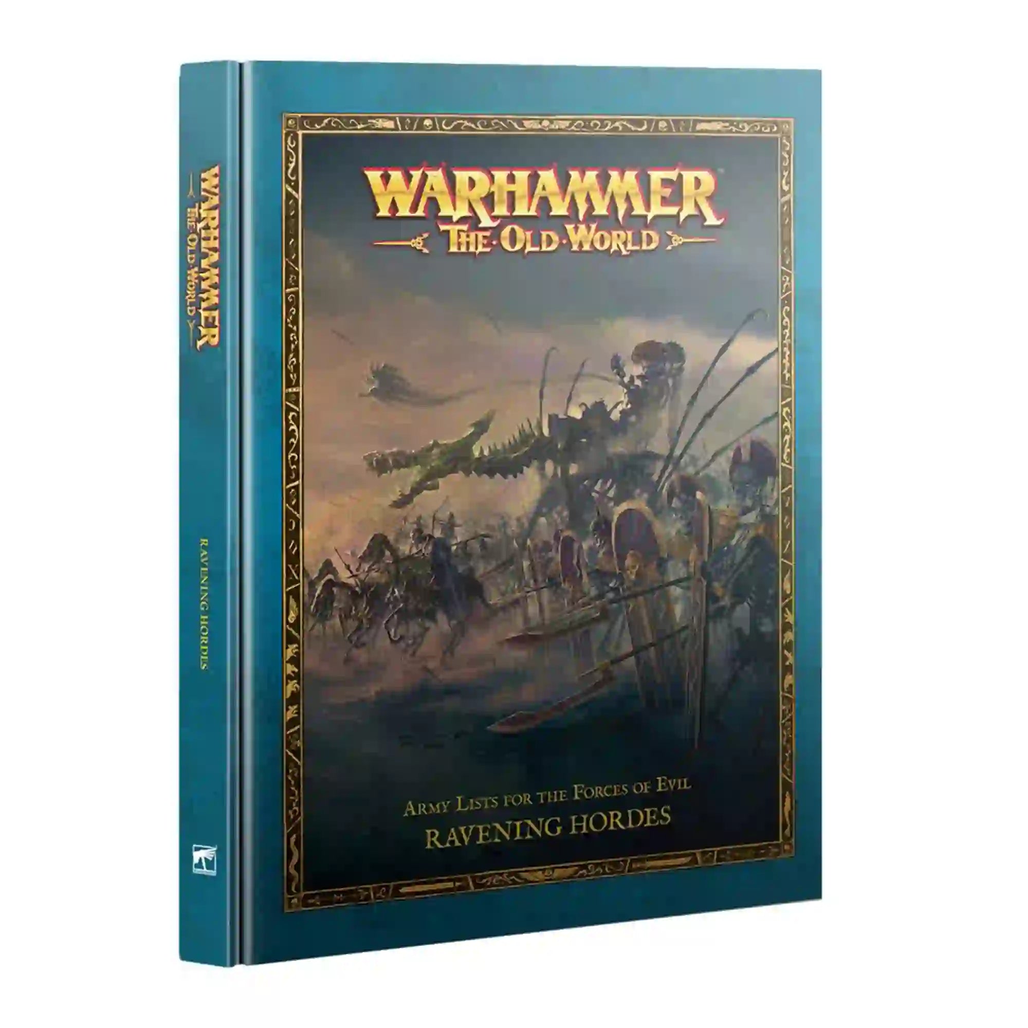 Ravening Hordes Guide book cover for Warhammer: The Old World featuring Chaos Warriors in battle, ideal for army building and faction strategies.