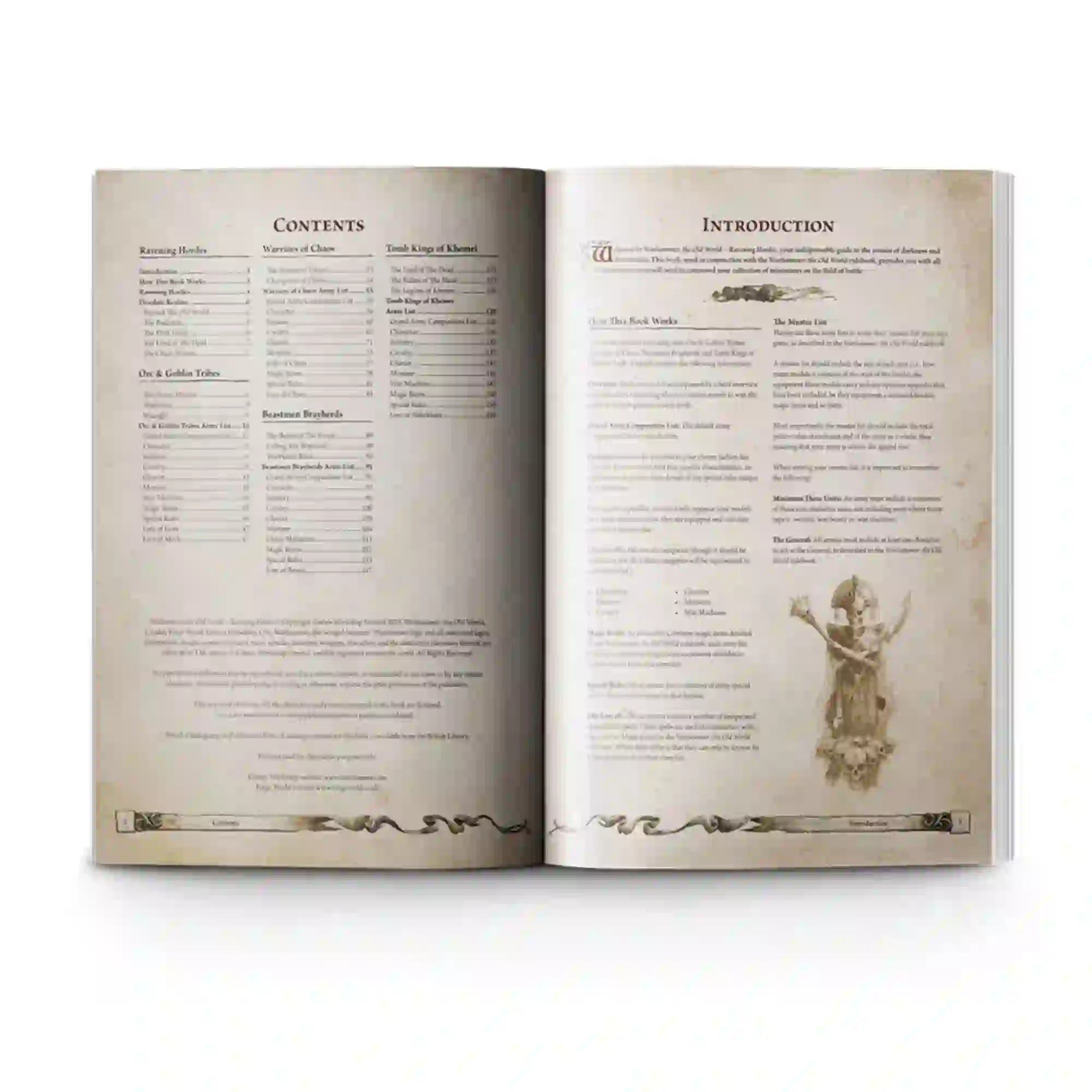Inside pages of Warhammer: The Old World - Ravening Hordes book showing contents and introduction for Chaos armies and magic rules.