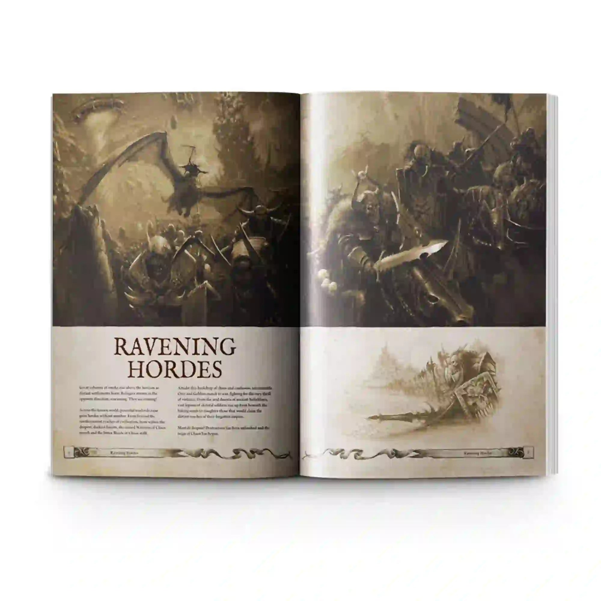 Ravening Hordes chapter spread with dark fantasy artwork of Chaos Warriors in combat, from Warhammer: The Old World strategy guide.