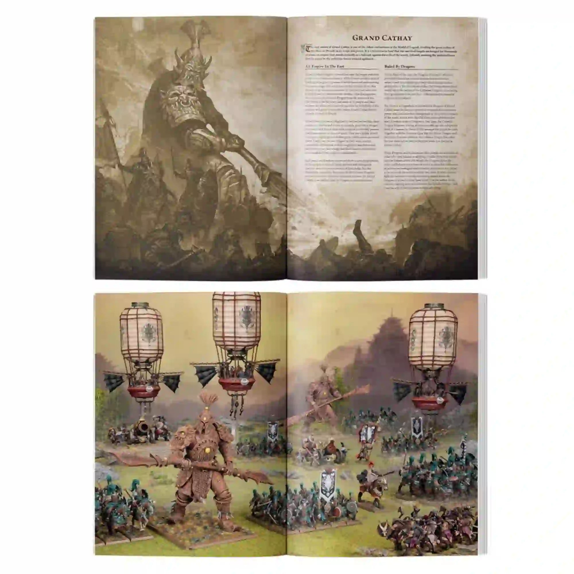 Interior pages of Warhammer: Armies of Grand Cathay book showing detailed lore, artwork, and miniature battle scenes with flying lanterns and warriors. Ideal for tabletop strategy gamers.