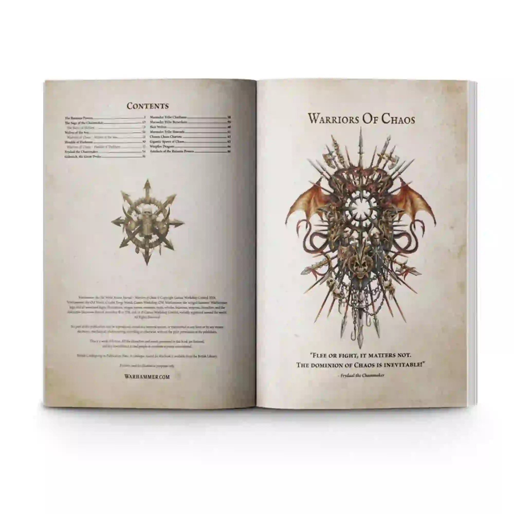 Interior pages of Warriors of Chaos Arcane Journal showing the contents list and Chaos-themed artwork, ideal for Warhammer lore and army rules reference.