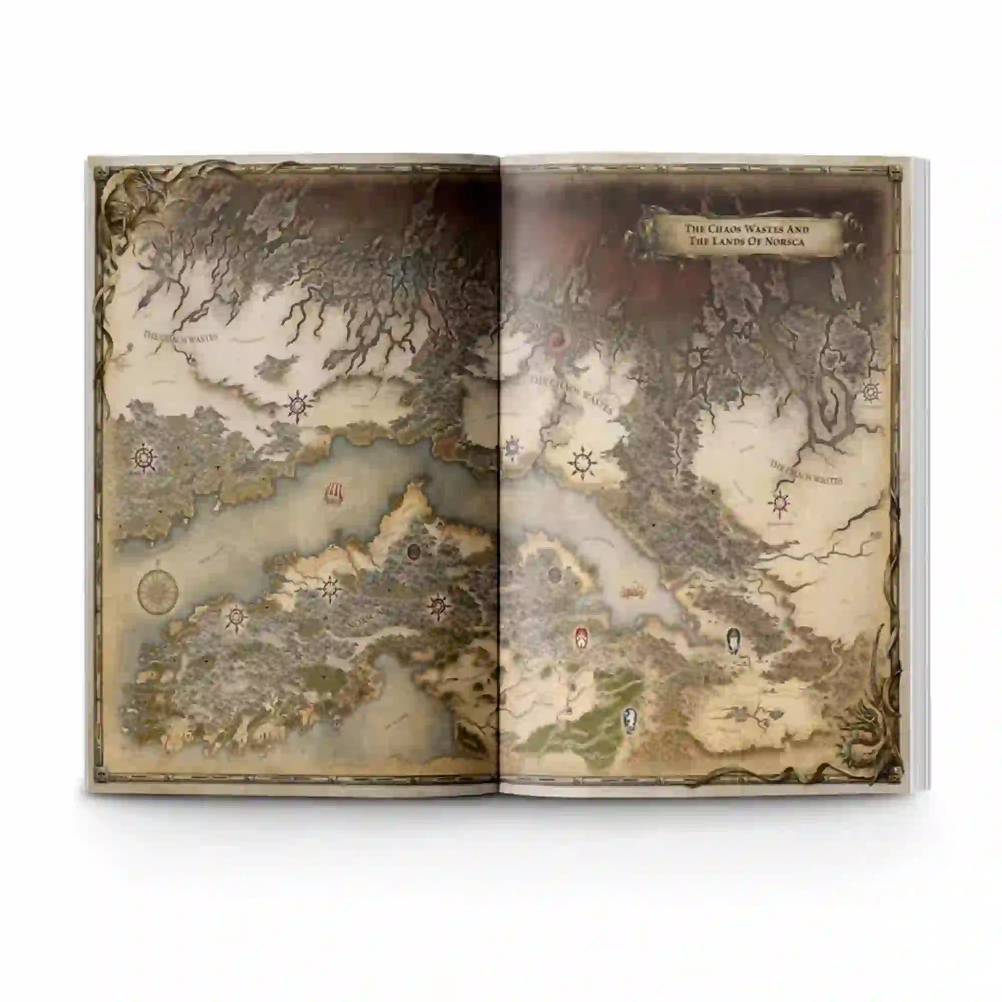 Detailed map spread from Warriors of Chaos Arcane Journal depicting the Chaos Wastes and Norsca, essential for Warhammer Old World campaign planning.