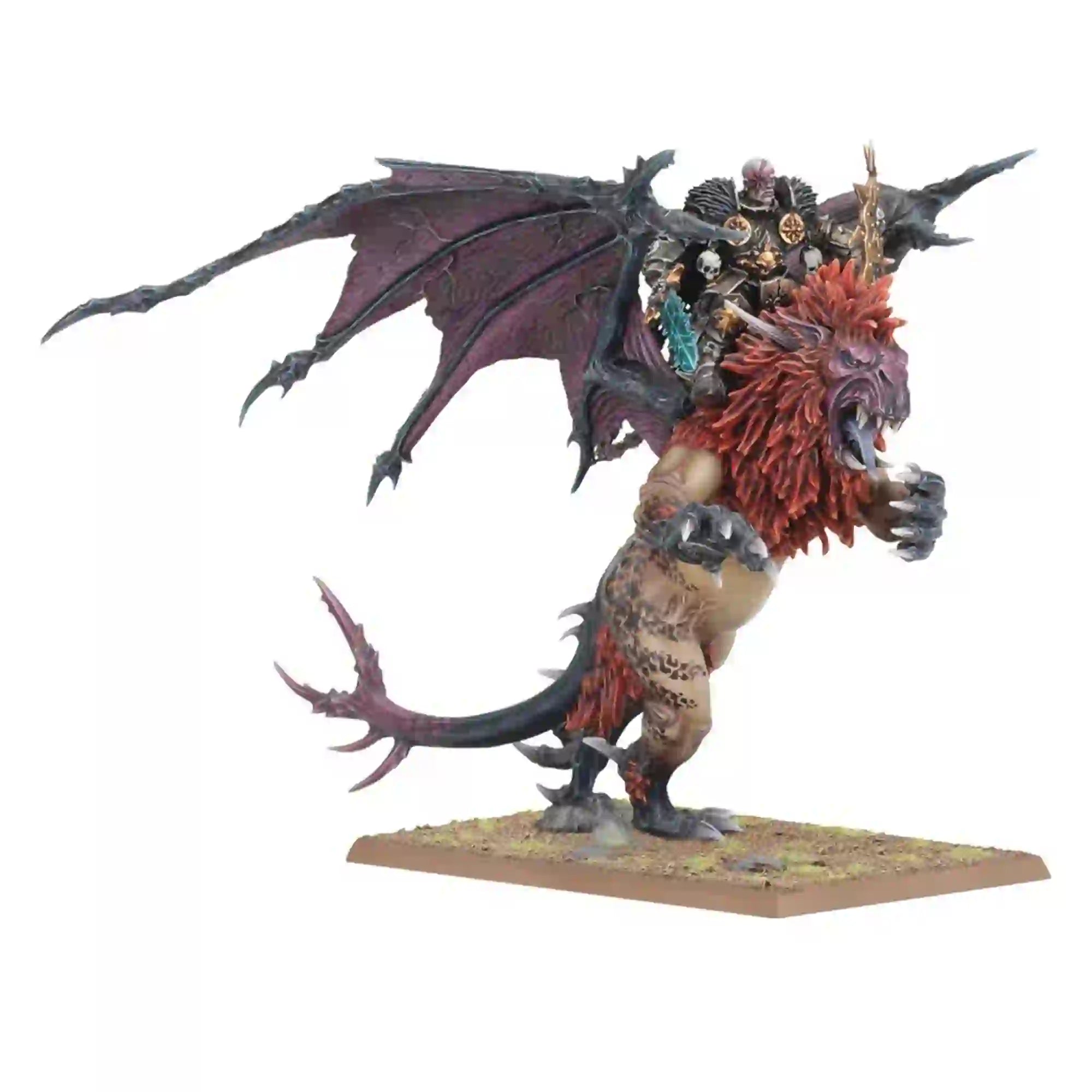 Assembled and painted Chaos Lord on Manticore scale model kit, showcasing intricate details of the winged beast and armored rider for Warhammer fans.