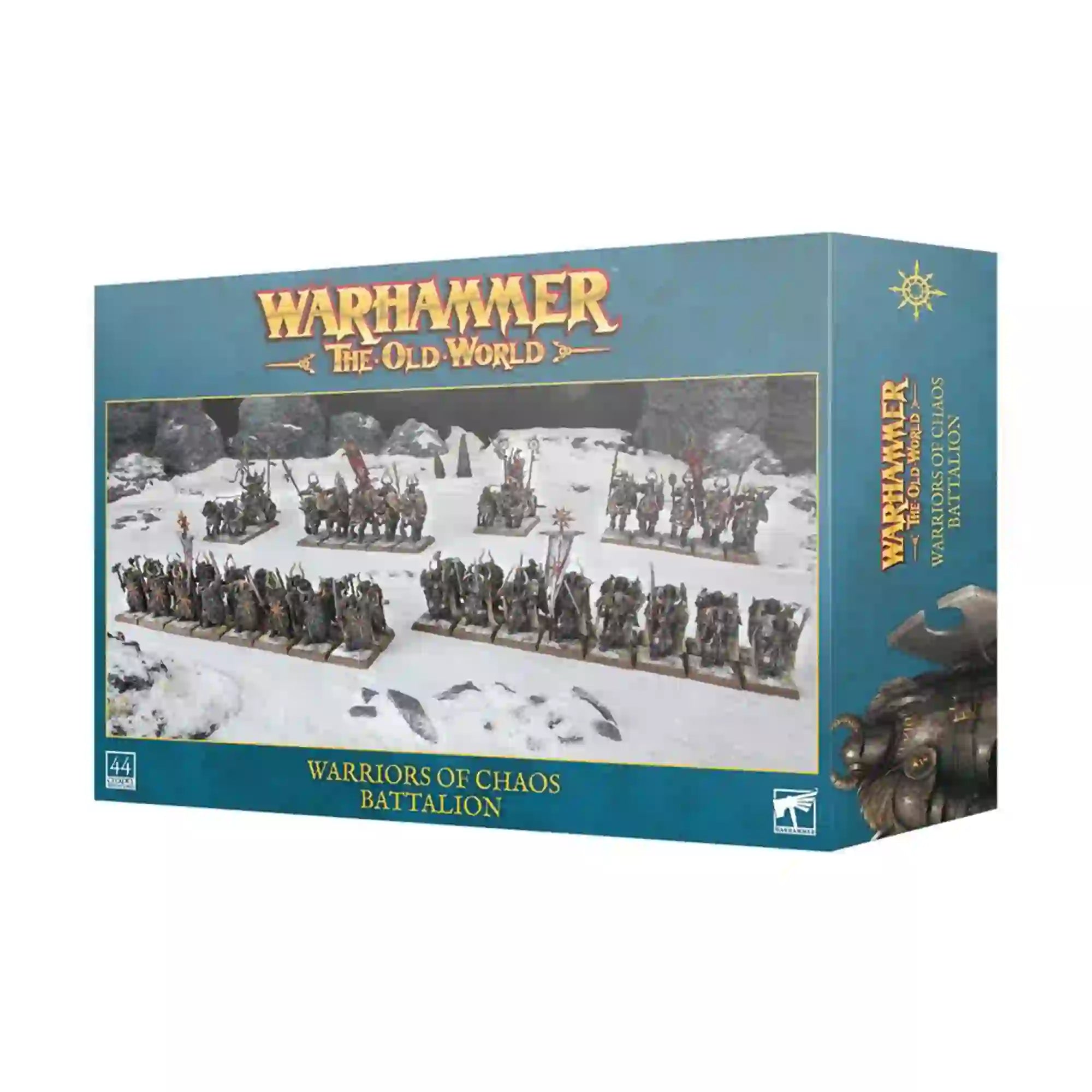 Warriors of Chaos Battalion box set from Warhammer The Old Worlds featuring 44 Chaos Army miniatures in a snowy battlefield scene.