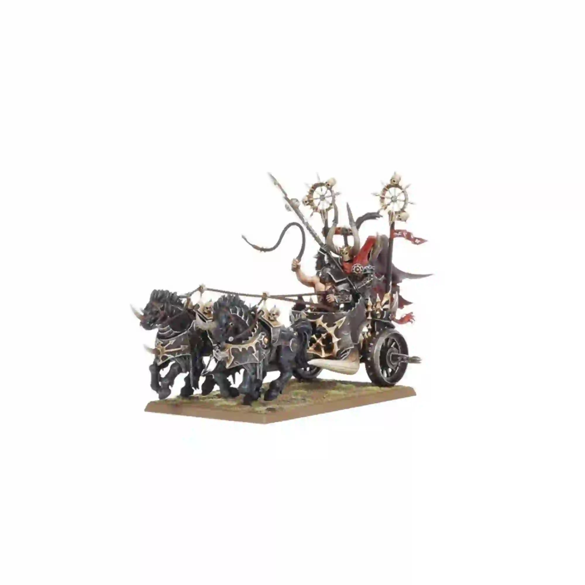 Alternate view of Chaos Chariot from the Chaos Army Set, highlighting the warrior's ornate armor and twin banners.
