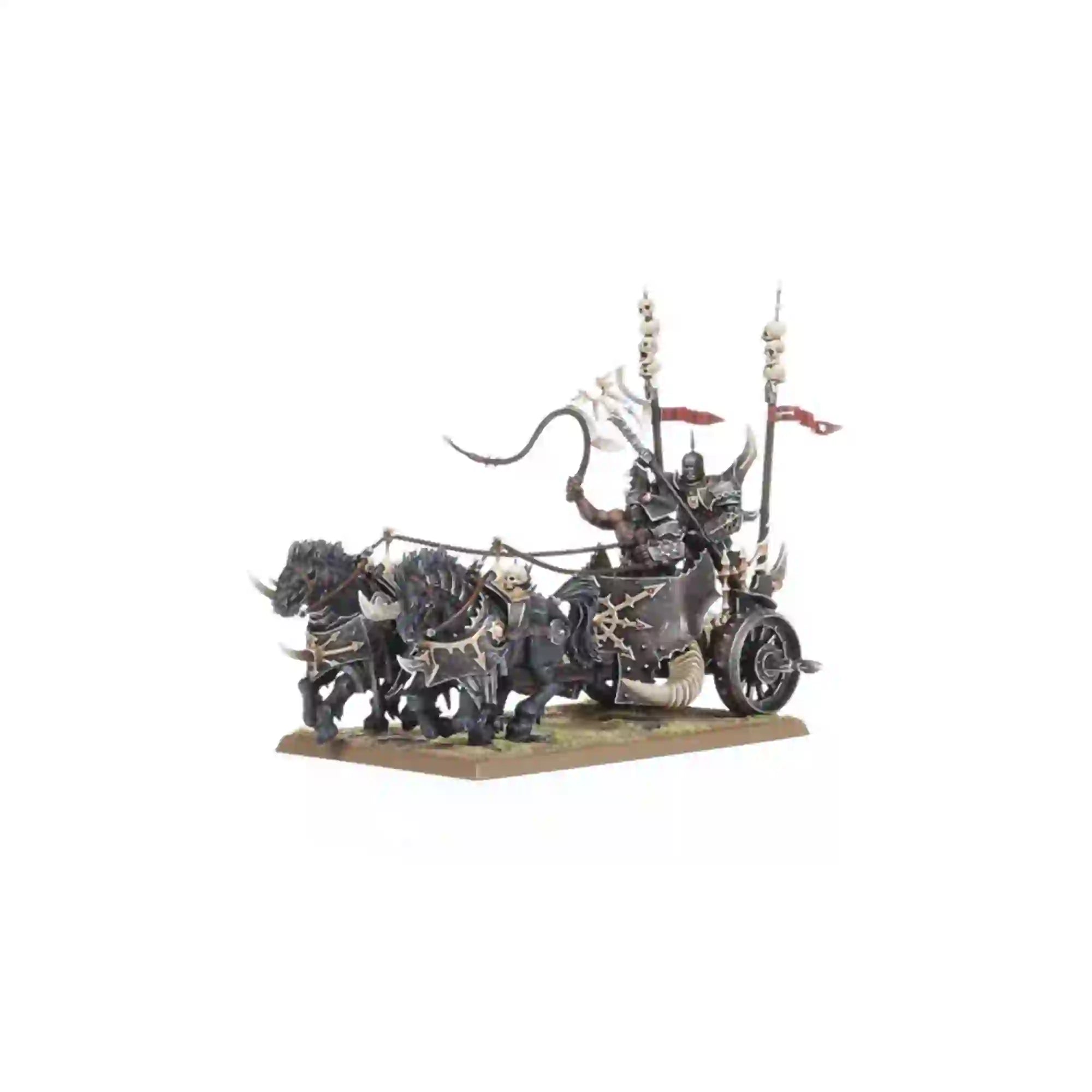 Chaos Chariot model from the Warriors of Chaos Battalion, featuring spiked wheels and armored horses pulling a warrior with whip.