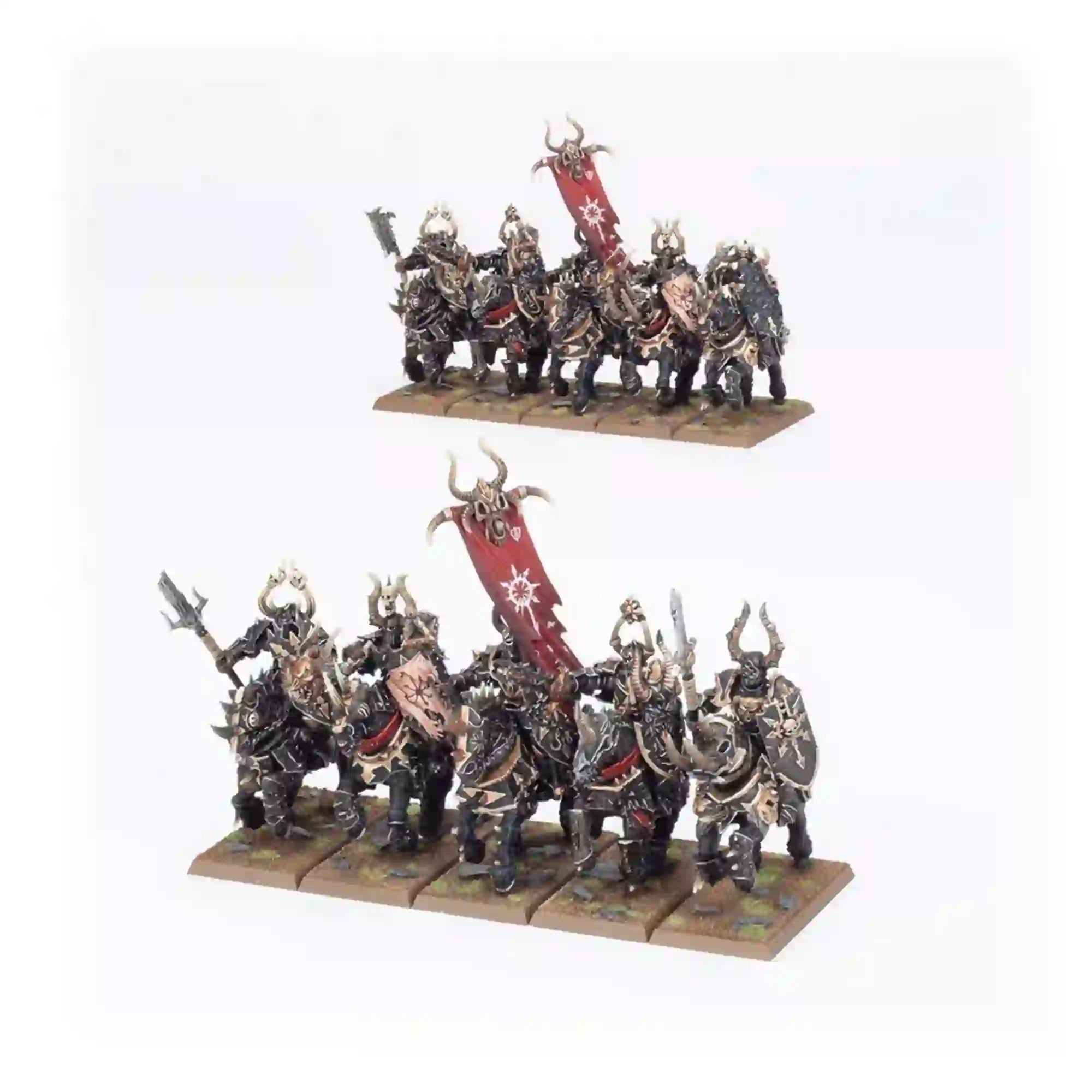 Two units of Chaos Knights from the Warriors of Chaos Battalion, mounted on armored steeds with red banners and spiked weapons.