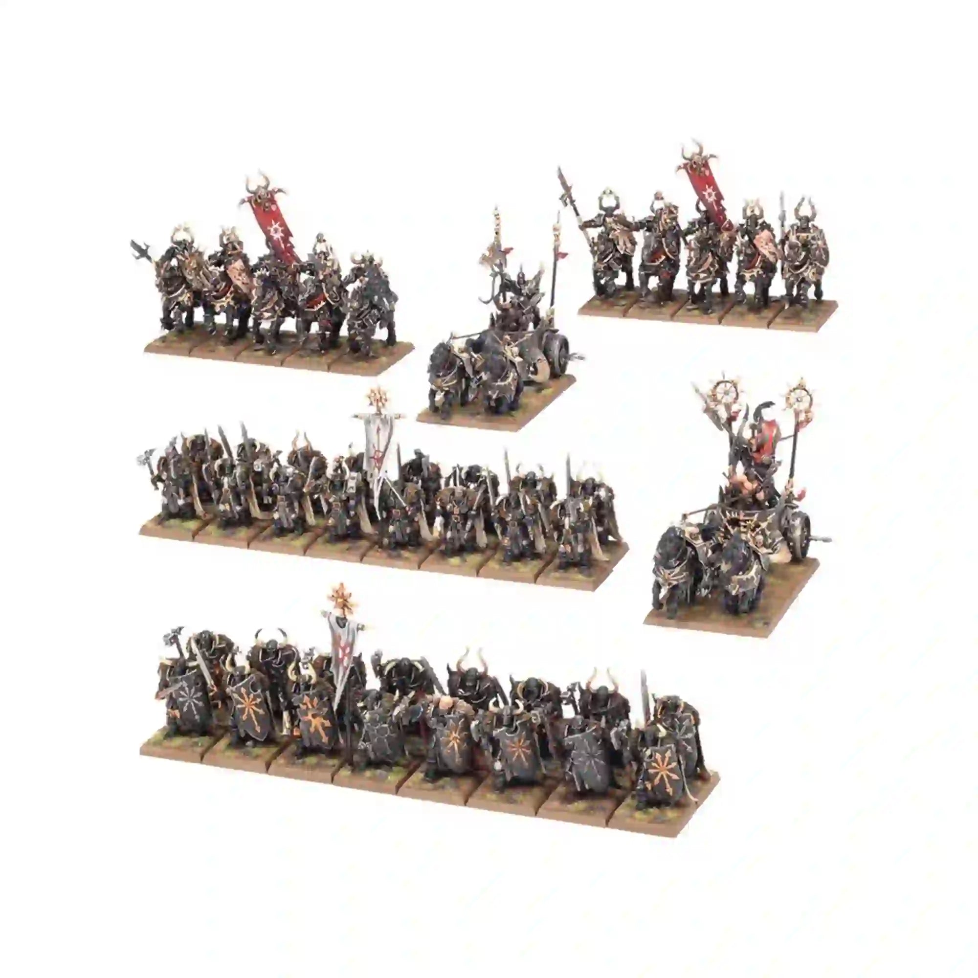 Fully assembled and painted Warriors of Chaos Battalion set with Chaos Knights, Chariots, and Warriors in dynamic battle poses.