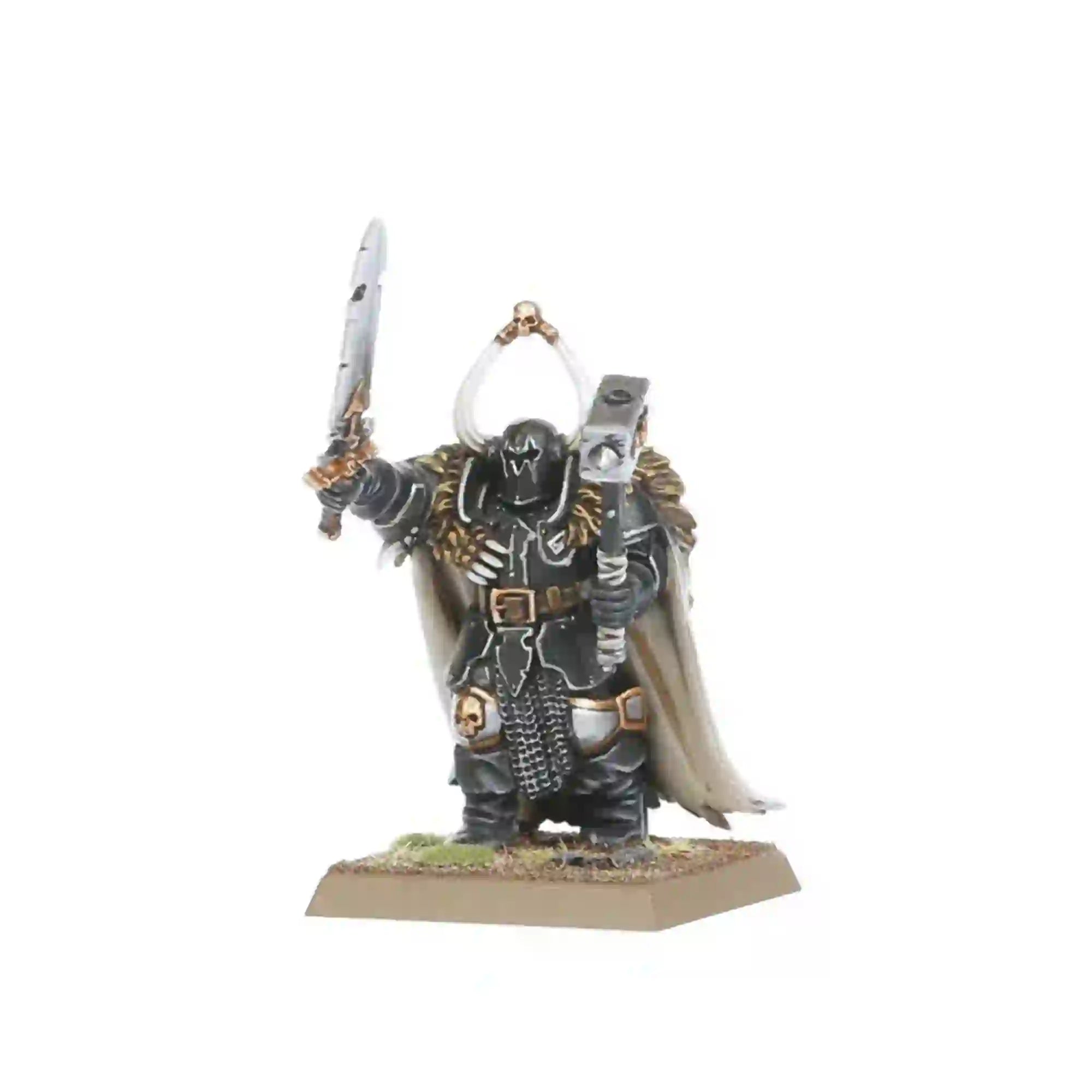 Chaos Warrior champion with dual weapons and white cloak, featured in the Warriors of Chaos Battalion scale model kit.