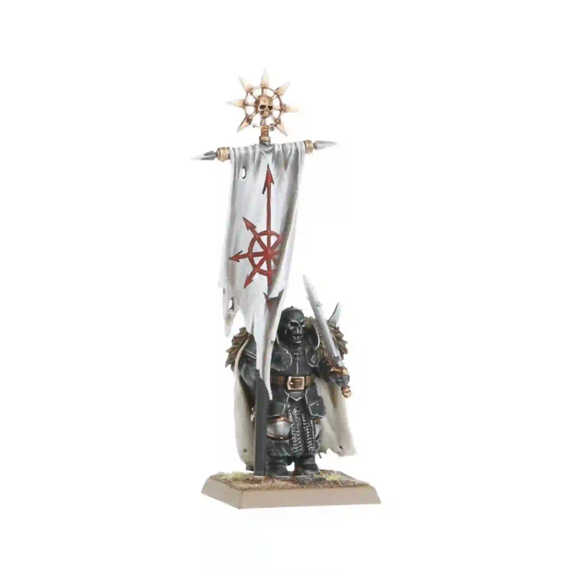 Chaos Warrior standard bearer with white banner and red Chaos symbol, included in the Warriors of Chaos Battalion.
