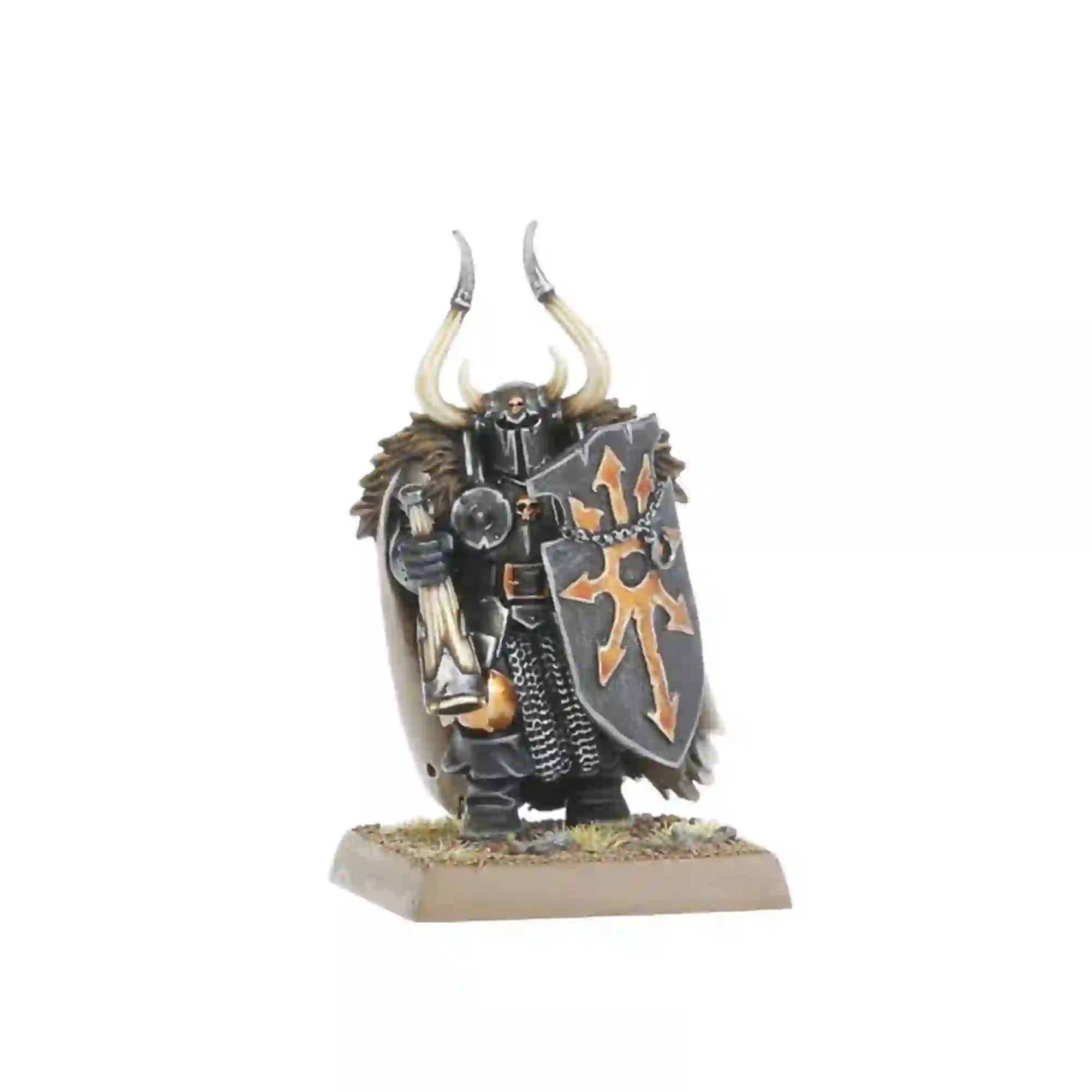 Chaos Warrior holding a horn and shield with bronze Chaos star, part of the 44 miniature Chaos Army Set.