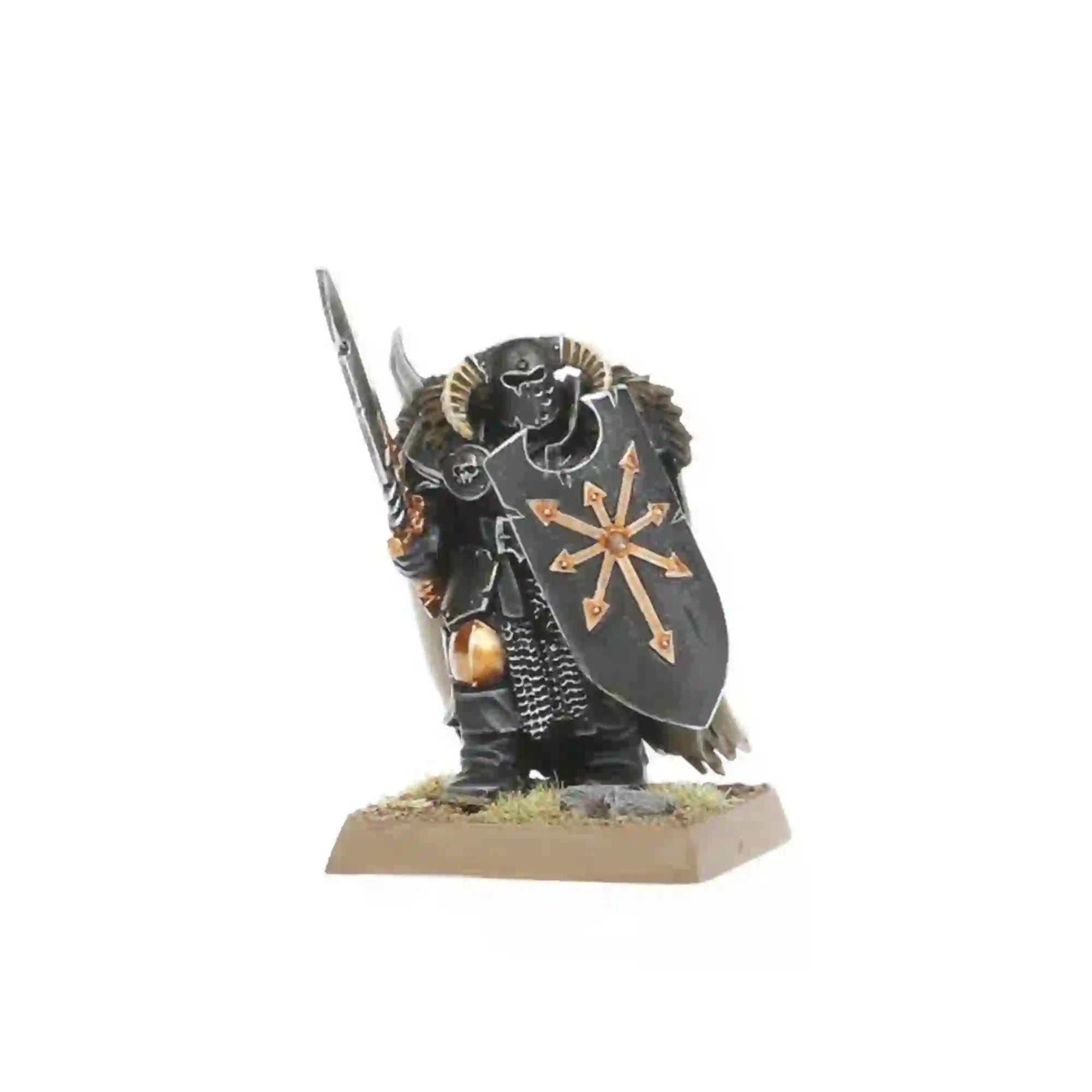 Chaos Warrior with horned helmet and black shield bearing the Chaos star, from the Warriors of Chaos Battalion kit.