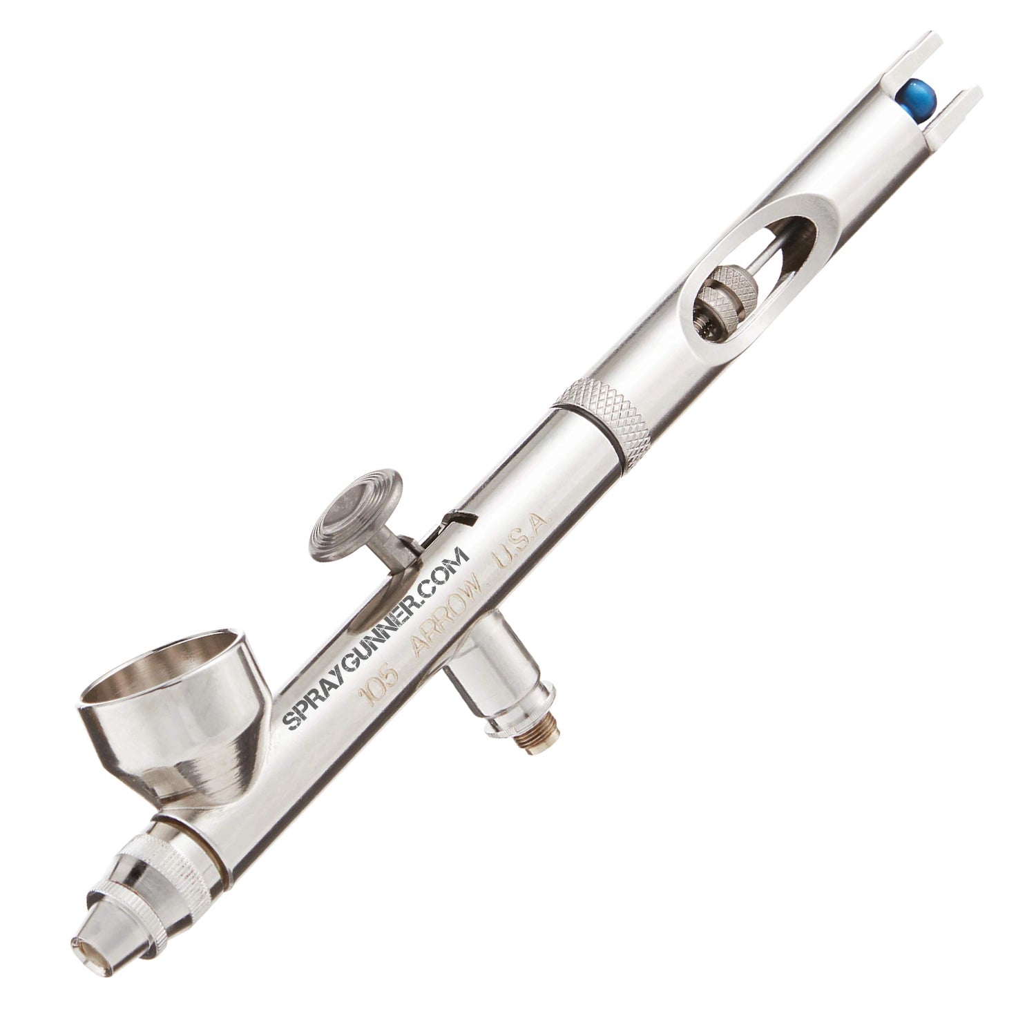 Badger Patriot 105-2XR Airbrush with gravity feed and dual-action control, featuring a sleek metallic design for precision spraying.
