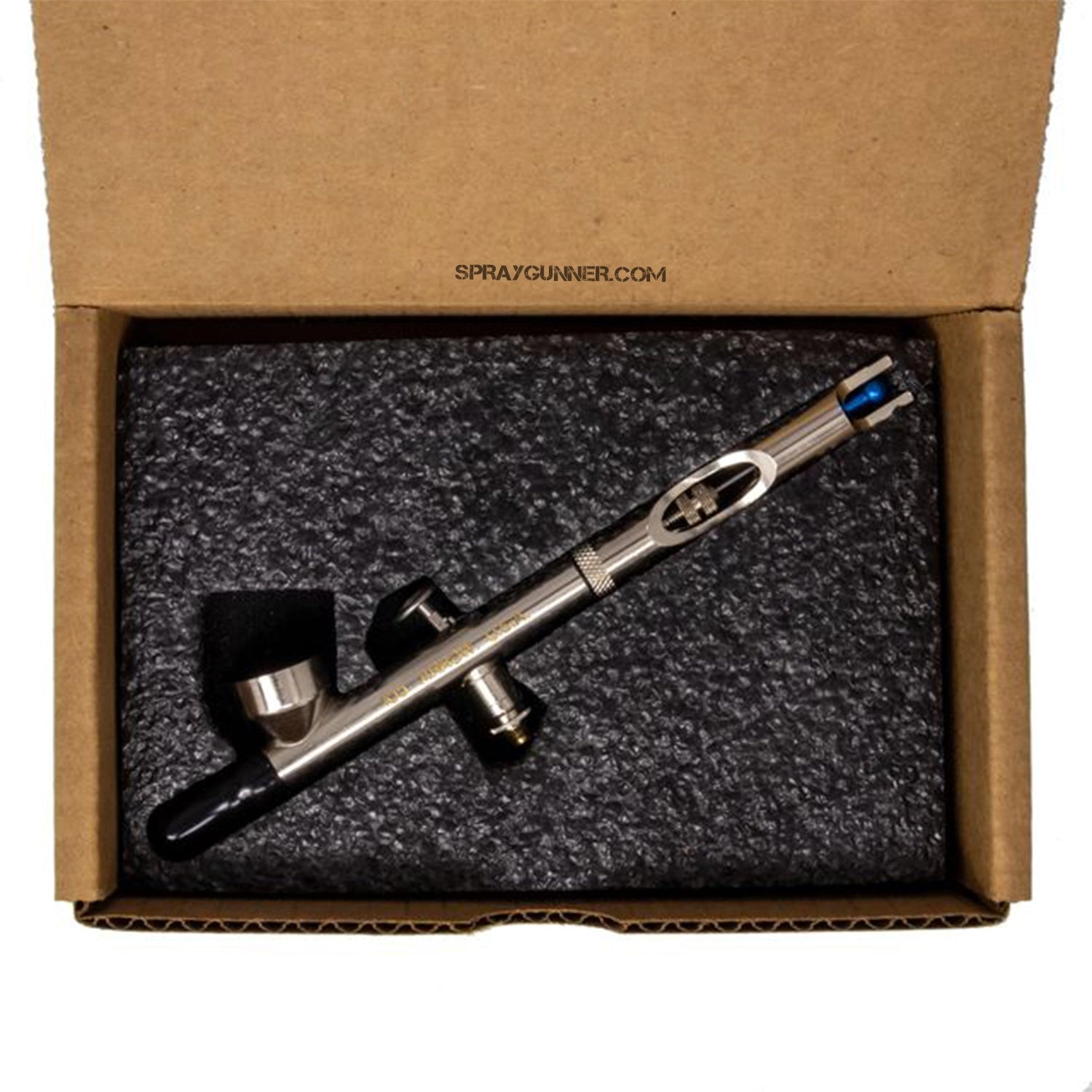 Open box Badger Patriot 105-2XR Airbrush securely packed in foam, ready for professional-grade precision spraying and fine detailing.