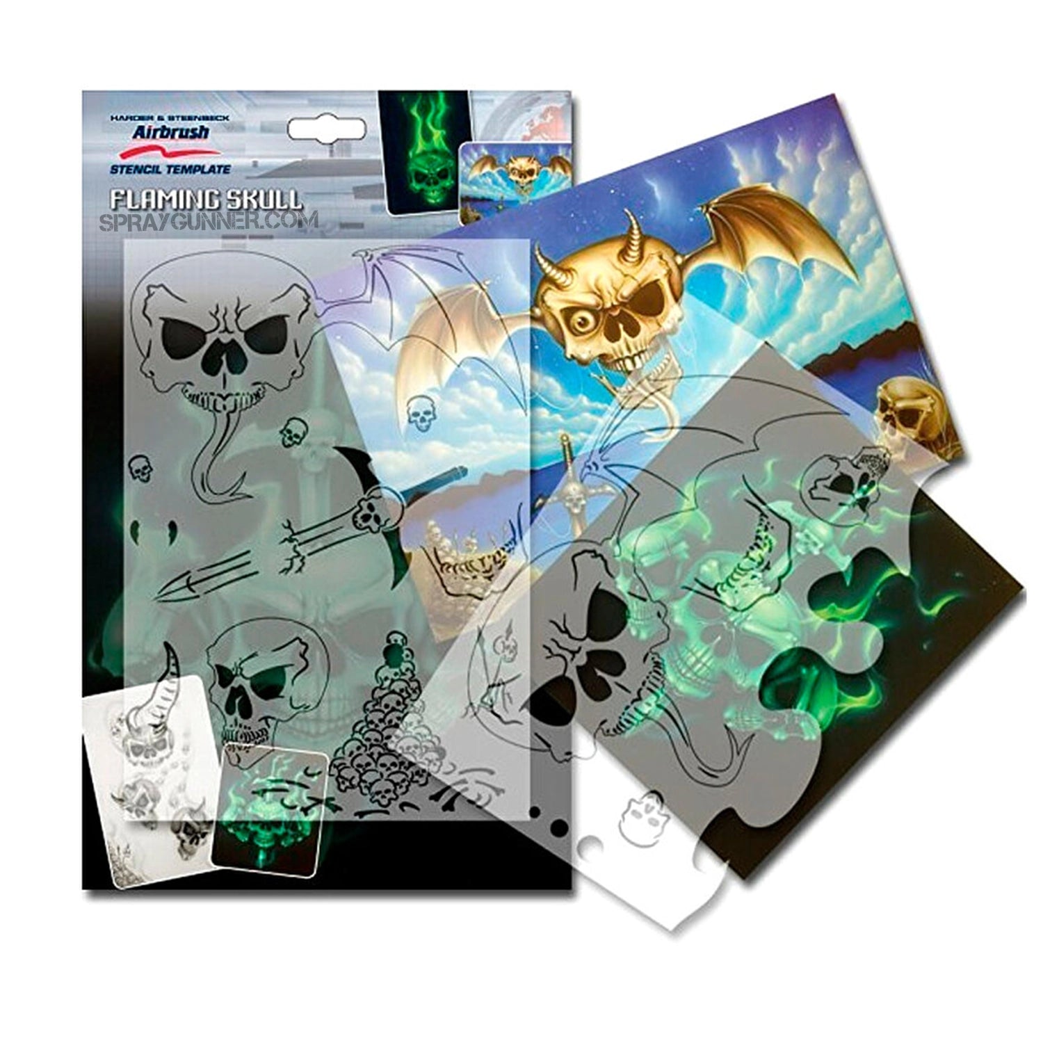 Harder and Steenbeck Airbrushing stencil set "Flaming skull" - Urbanlystore