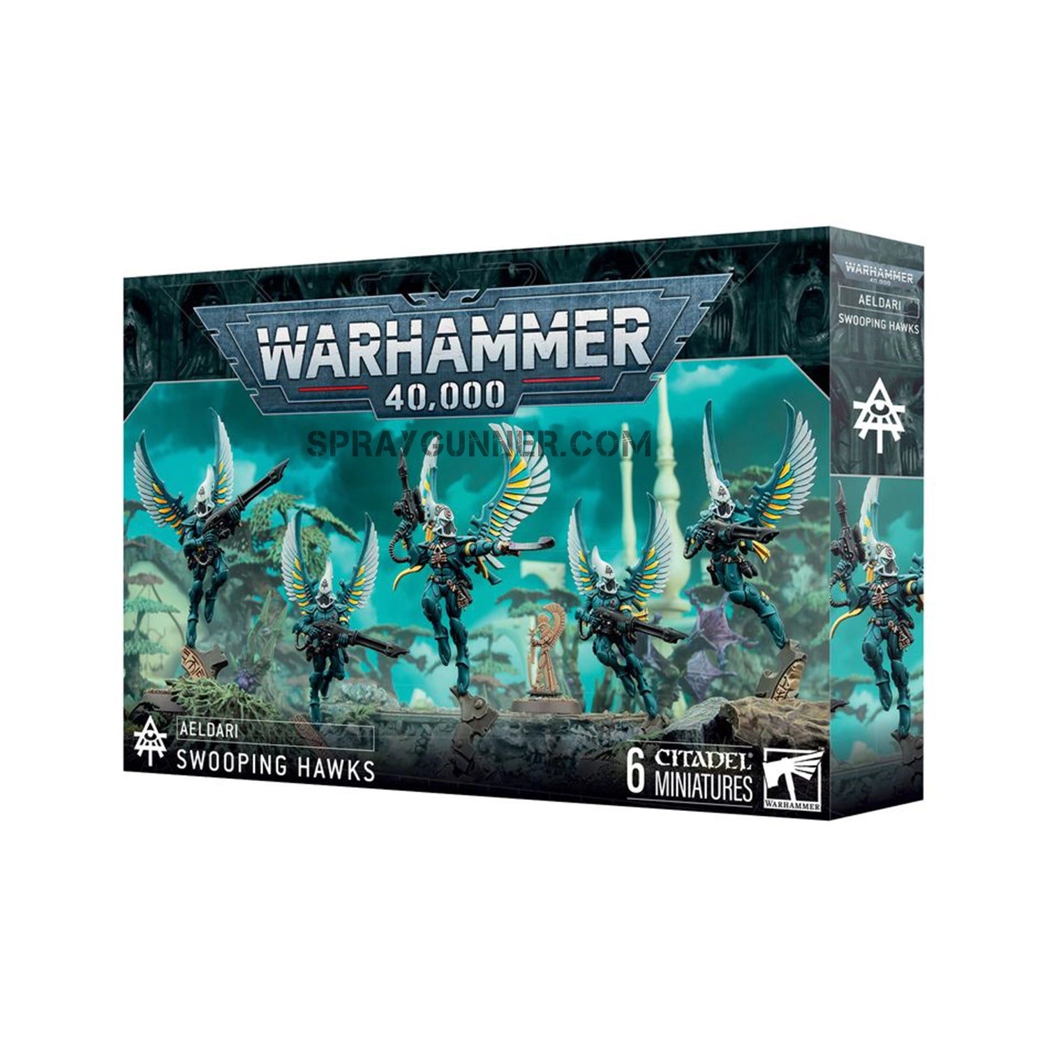 Warhammer 40K Aeldari - Swooping Hawks elite troops scale model kit. Includes six intricately detailed Citadel miniatures for tabletop gaming.