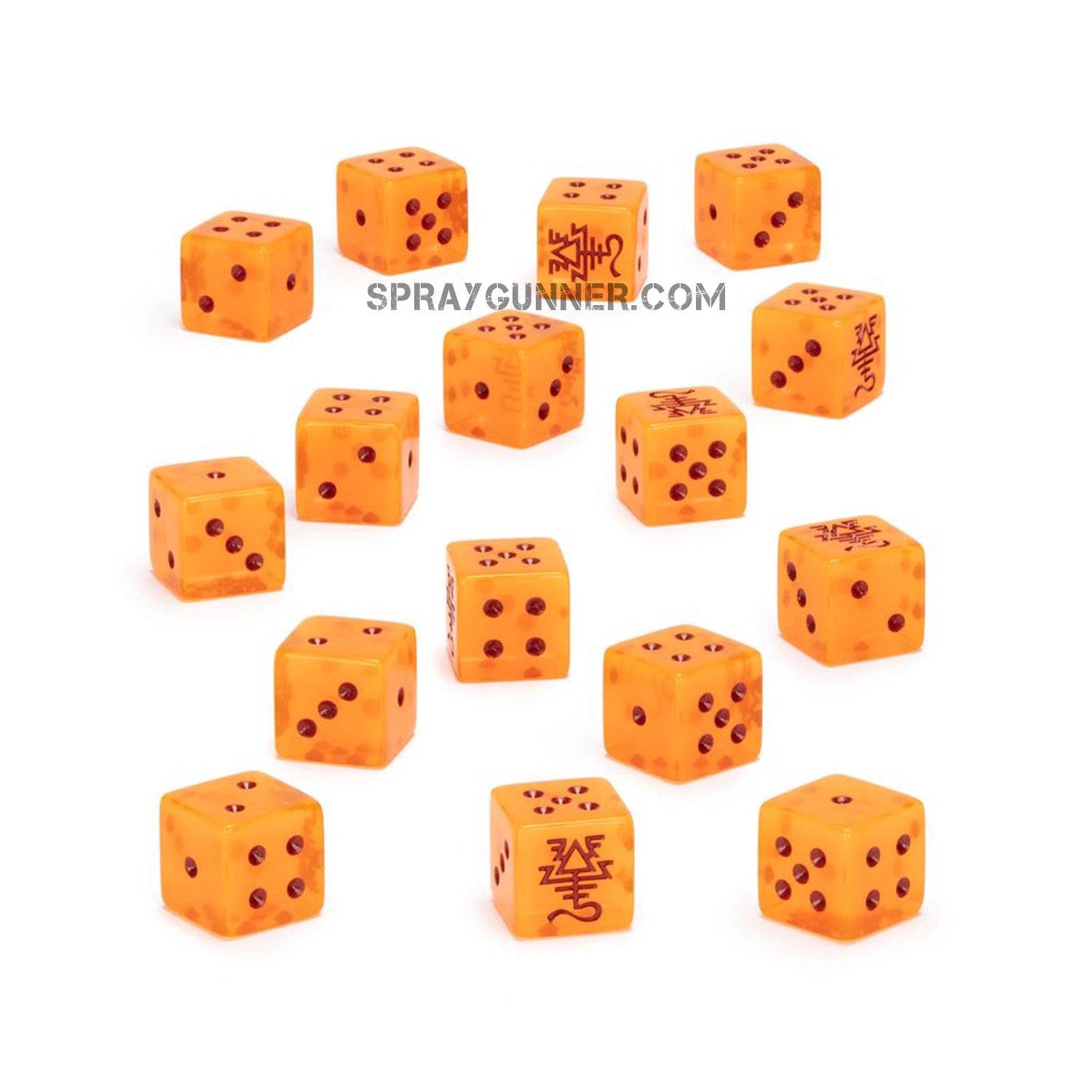 Warhammer 40K Aeldari Dice Set featuring 16 translucent orange dice with red pips and Aeldari rune symbols, ideal for themed dice games.