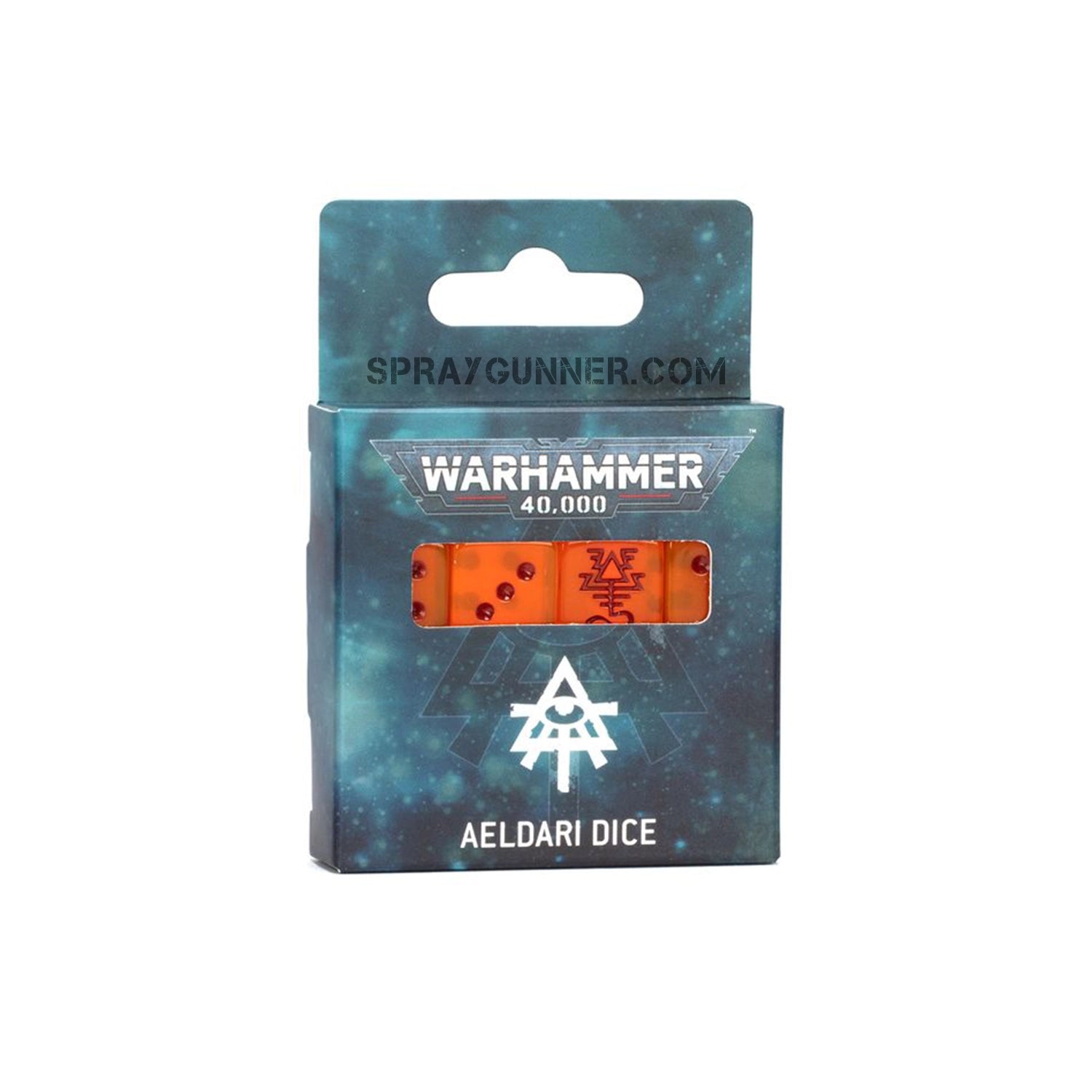 Perfect for themed dice games, the Warhammer 40K Aeldari Dice Set includes 16 translucent orange dice with red pips and Aeldari rune insignia.