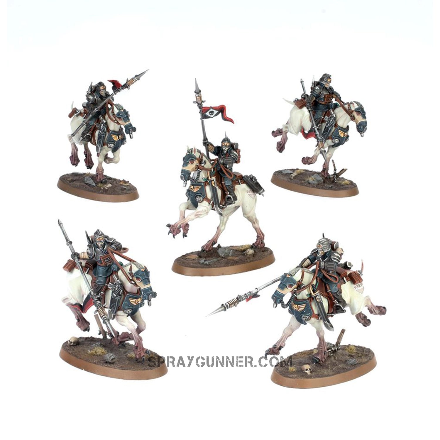 Five intricate Citadel miniatures of cavalry troopers on horses are included in the Warhammer 40K: Astra Militarum Death Riders scale model kit, which is perfect for tabletop gaming.