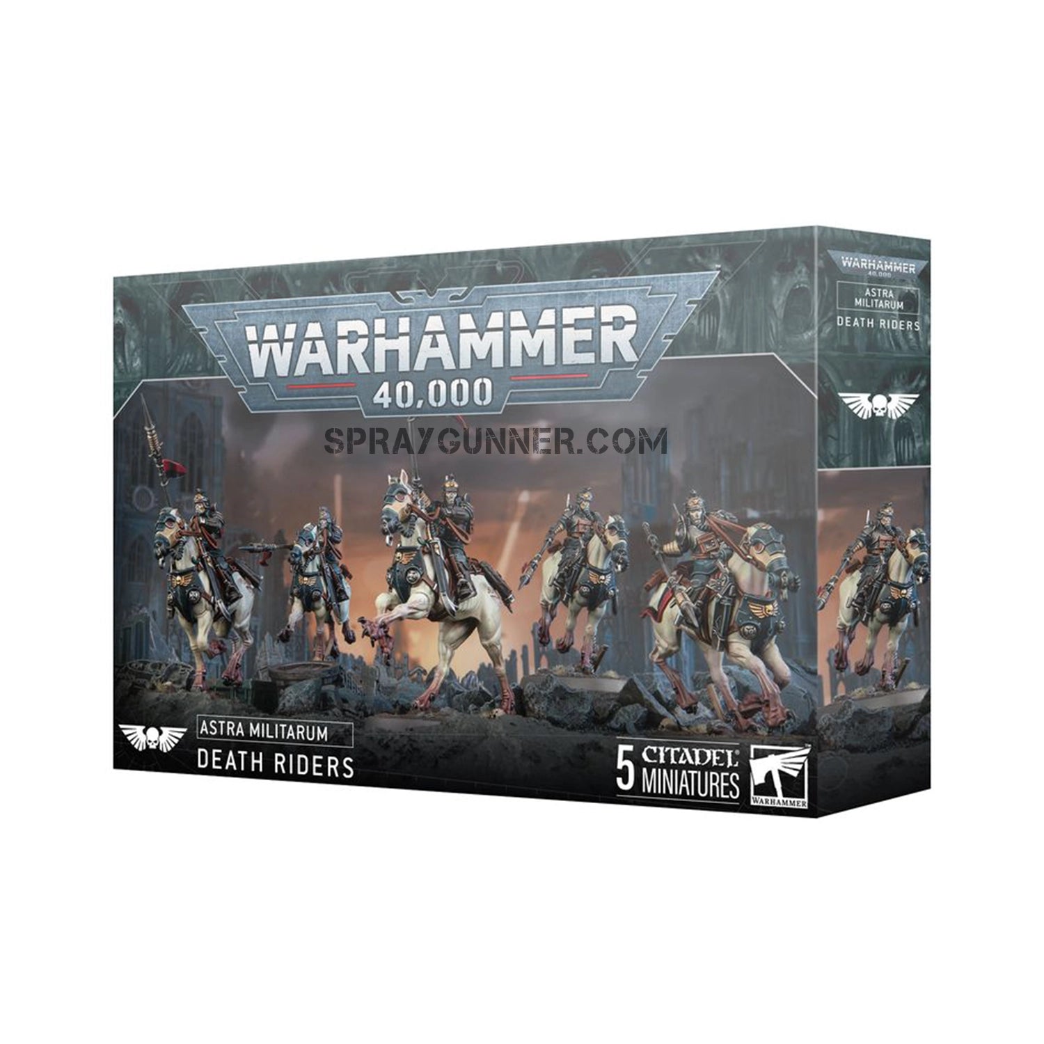 Warhammer 40K: Astra Militarum Death Riders scale model kit featuring five detailed Citadel miniatures of cavalry soldiers on horseback, ideal for tabletop gaming.