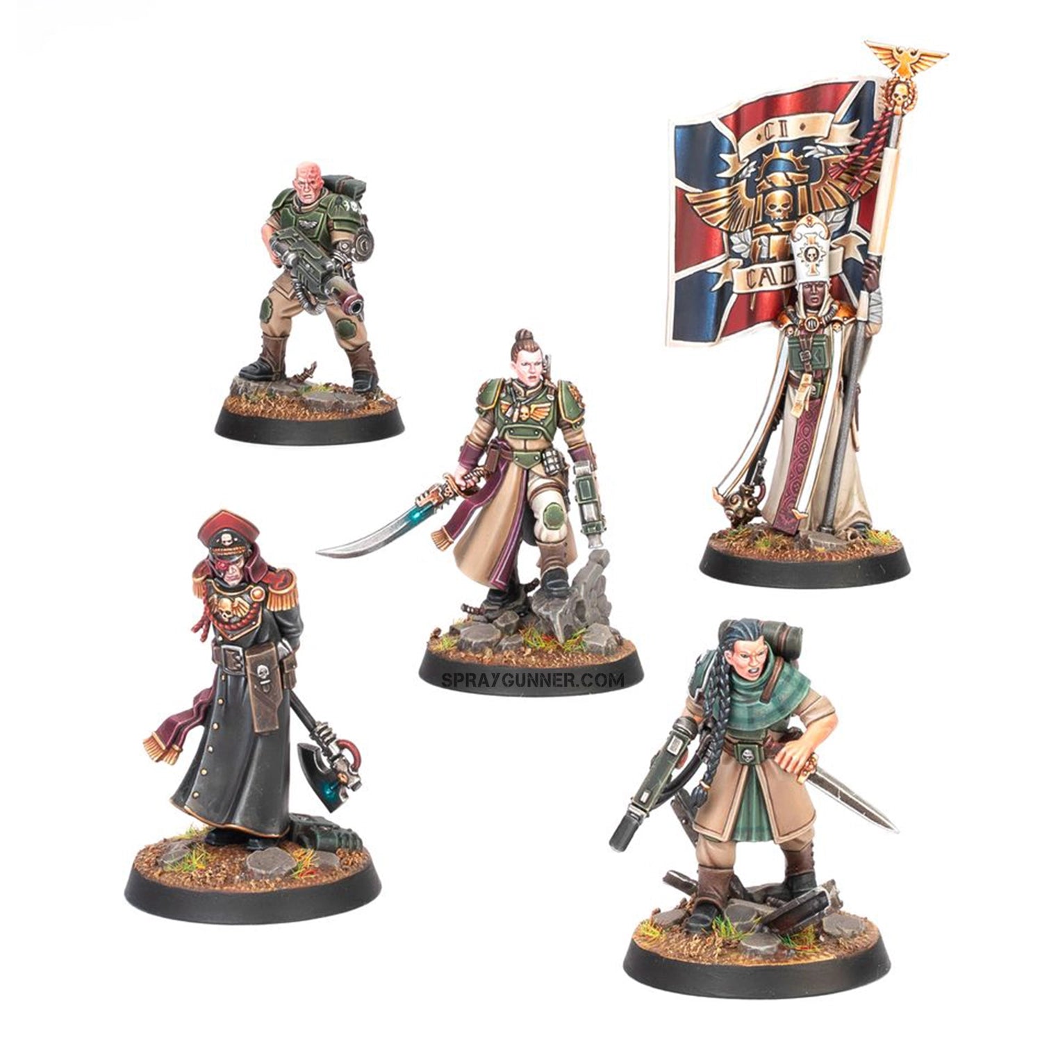 Five Citadel figurines are included in the scale model kit for Warhammer 40k: Astra Militarum Hell's Last. accessible to collectors and enthusiasts at Urbanlystore.