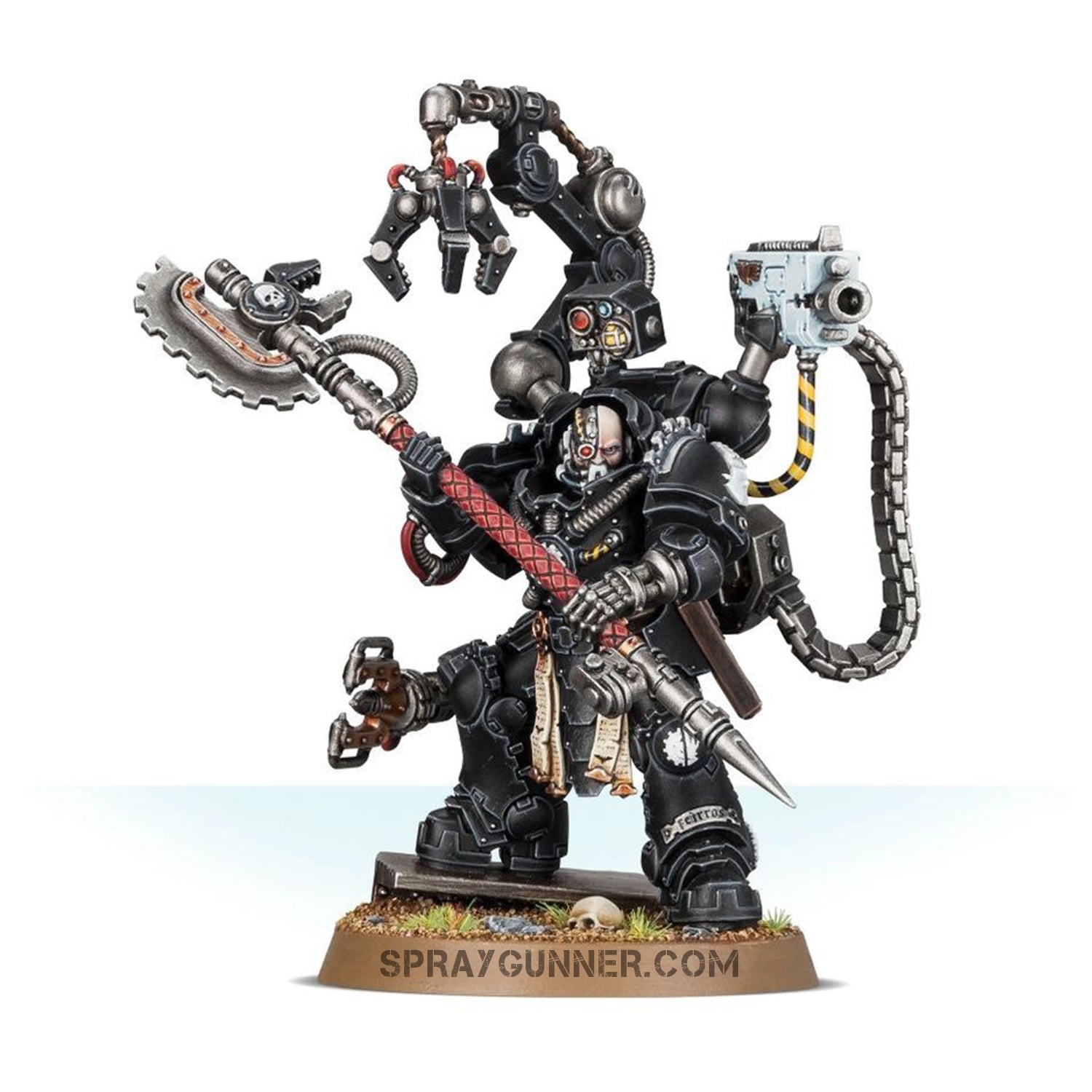 Highly detailed Warhammer 40K Iron Hands Iron Father Feirros miniature. Painted model showcases intricate armor, cybernetic enhancements, and a massive power axe.