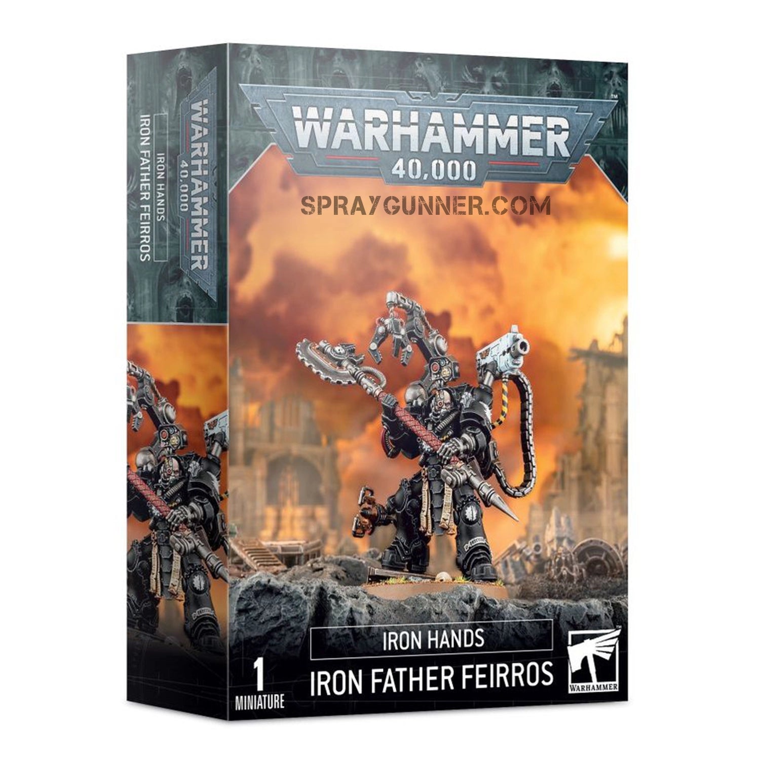 Warhammer 40K Iron Hands Iron Father Feirros collectible miniature kit in packaging. Features detailed artwork of the armored warrior with mechanical enhancements.
