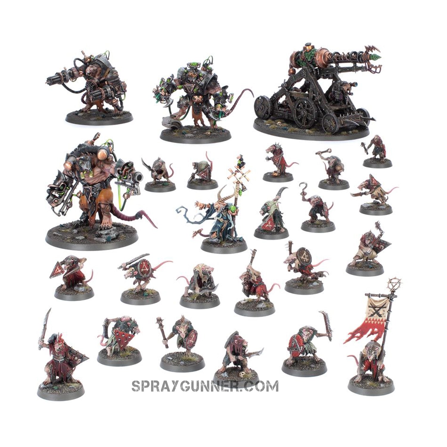 25 Citadel miniatures, including a Grey Seer, Clanrats, and war machines for Age of Sigmar combat, are included in the Warhammer Skaven Spearhead Complete Army Set.