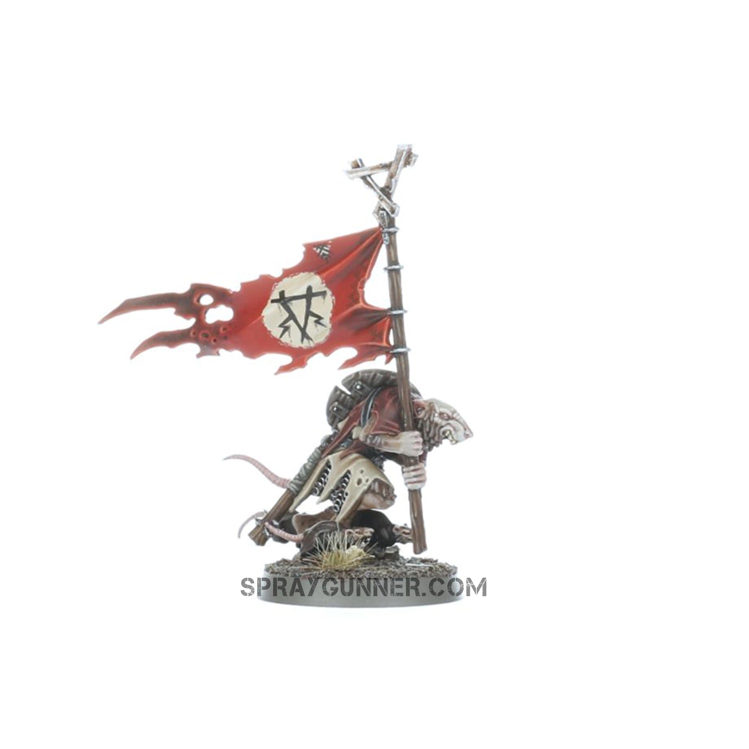 This Warhammer Skaven miniature depicts a heavily armed rat-like creature on a textured base, with a dynamic attitude, complex armor, and numerous spinning cannons.