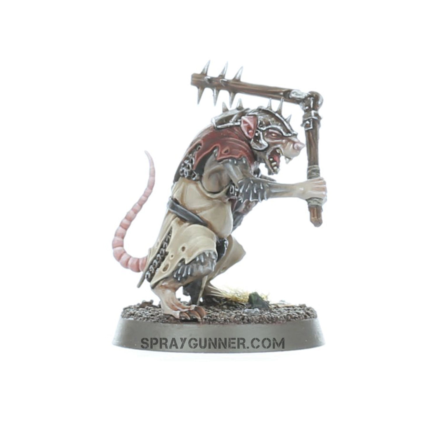 With its intricate armor, dynamic attitude, and numerous rotating cannons, this Warhammer Skaven miniature depicts a highly armed rat-like creature on a textured base.