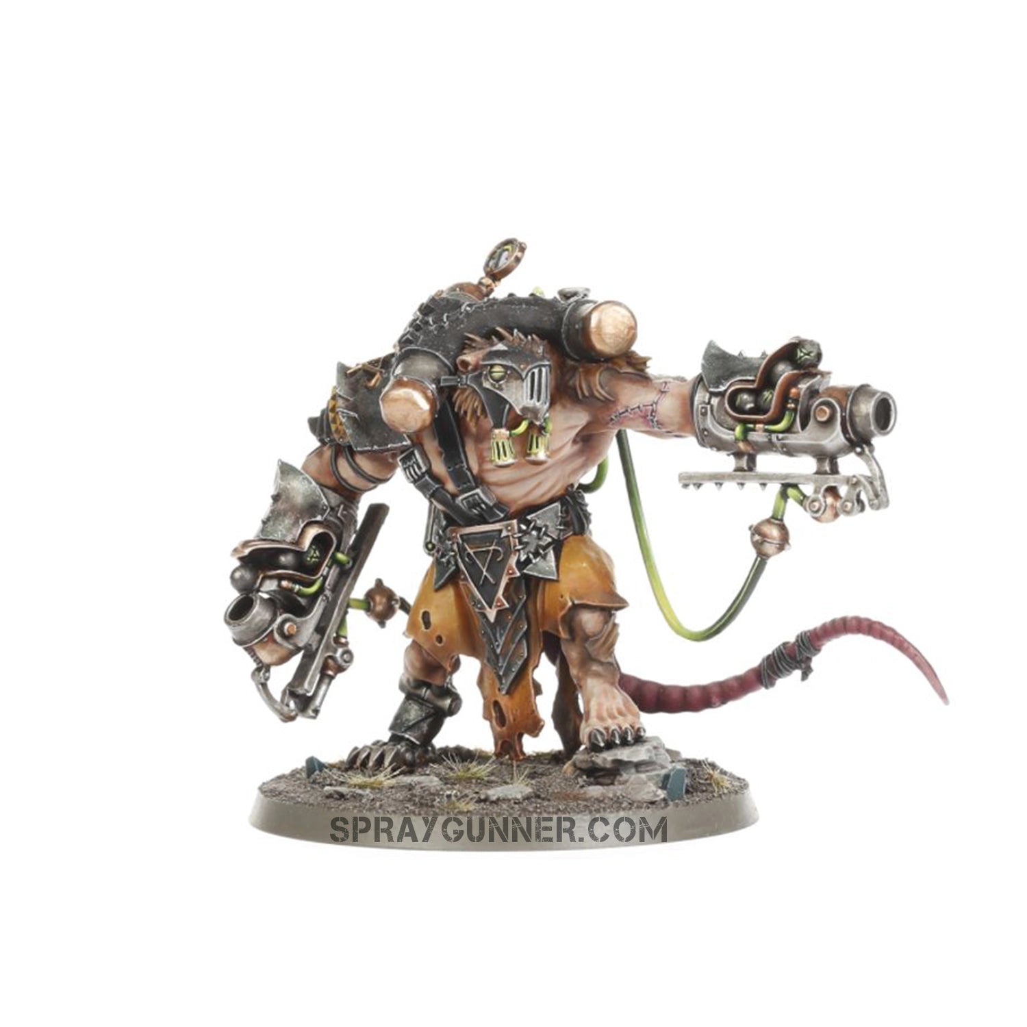 A heavily armed rat-like creature with many rotating cannons, intricate armor, and a dynamic pose on a textured base is featured in this Warhammer Skaven miniature.