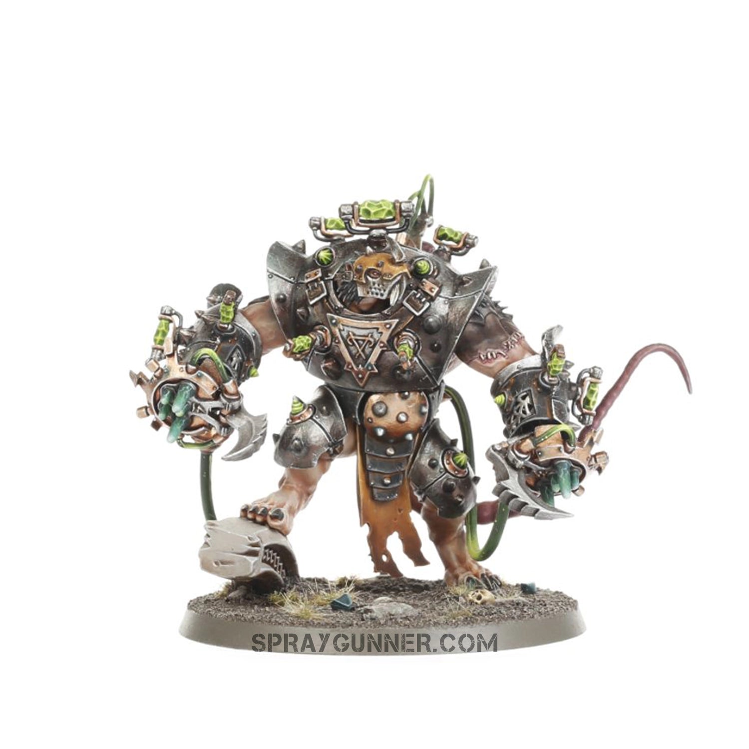 On a textured base, this Warhammer Skaven miniature depicts a heavily armed rat-like creature with several rotating cannons, intricate armor, and a dynamic pose.
