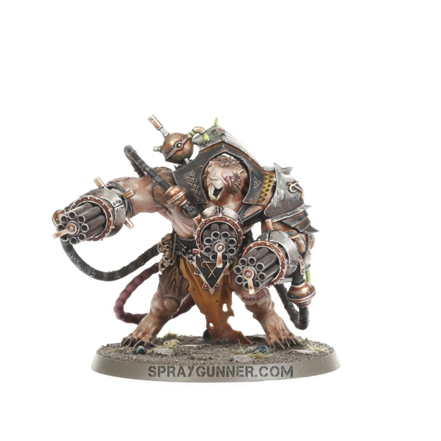 Warhammer Skaven miniature featuring a heavily armed rat-like creature with multiple rotary cannons, detailed armor, and a dynamic pose on a textured base.