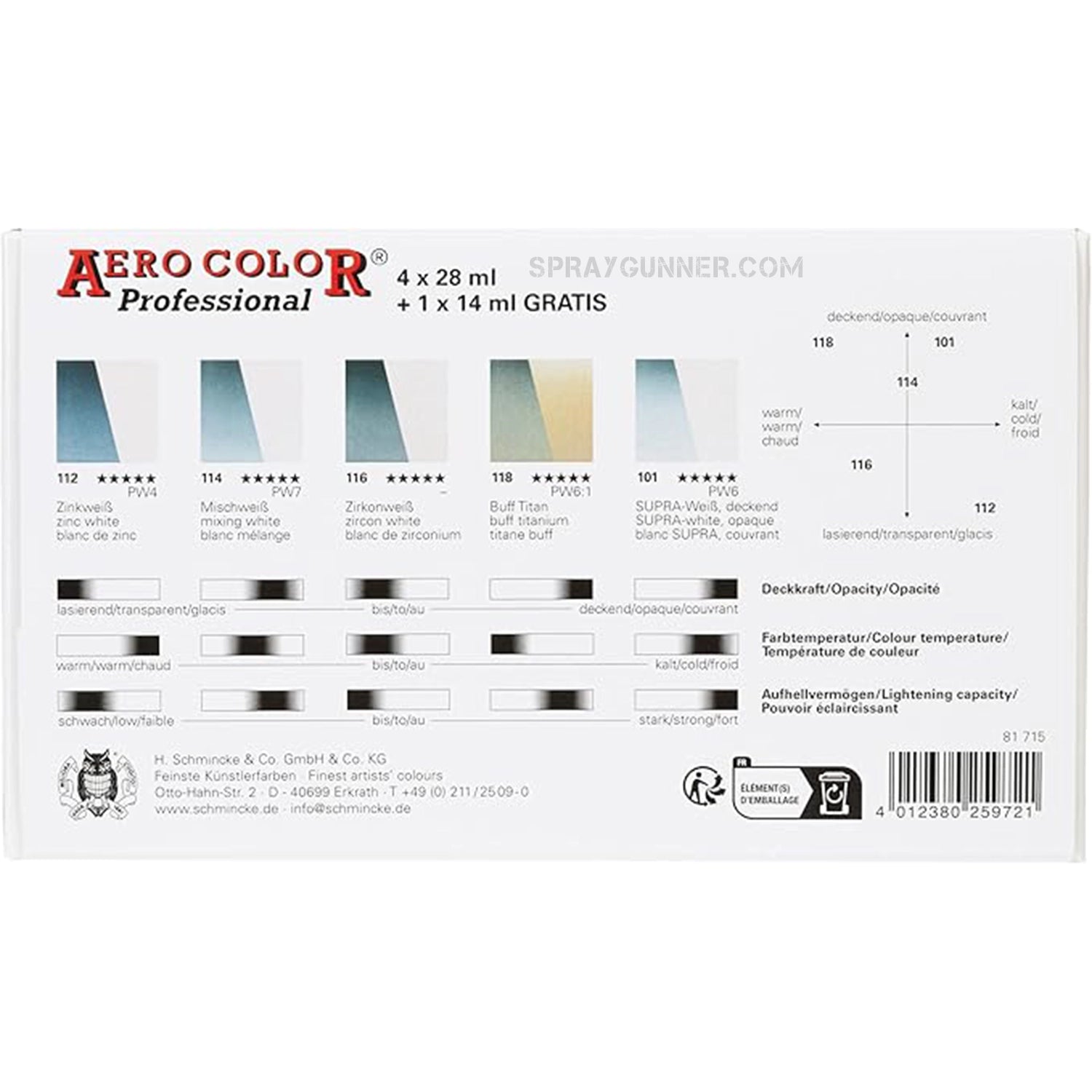 Schmincke AERO COLOR Professional Acrylic Ink: Cardboard Set, 5 Shades of White 28ml - Urbanlystore