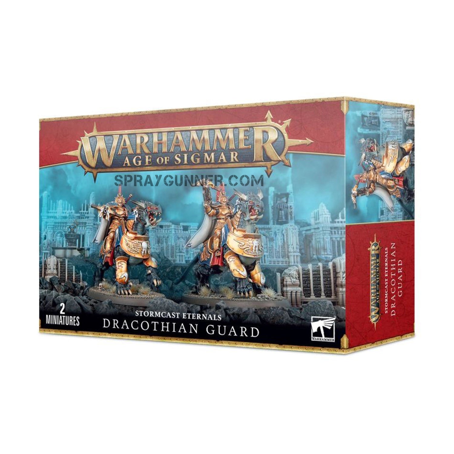 Warhammer Age of Sigmar: Stormcast Eternals Dracothian Guard scale model kit featuring two elite warriors on Dracoths. Perfect for tabletop gaming fans.