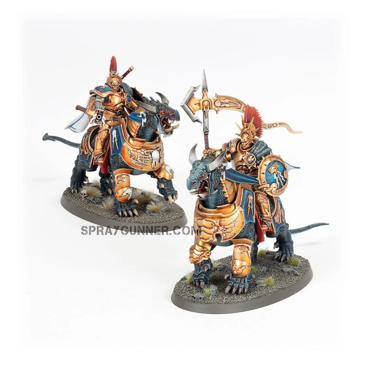 Two elite soldiers riding Dracoths are included in the scale model kit for the Dracothian Guard in Warhammer Age of Sigmar: Stormcast Eternals. Ideal for aficionados of tabletop gaming.