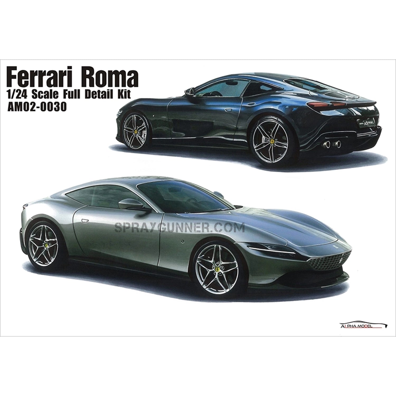 ALPHA MODEL 1/24 scale model car kit Ferrari Roma featuring a highly detailed replica of the luxury sports car. Perfect for model enthusiasts and collectors.