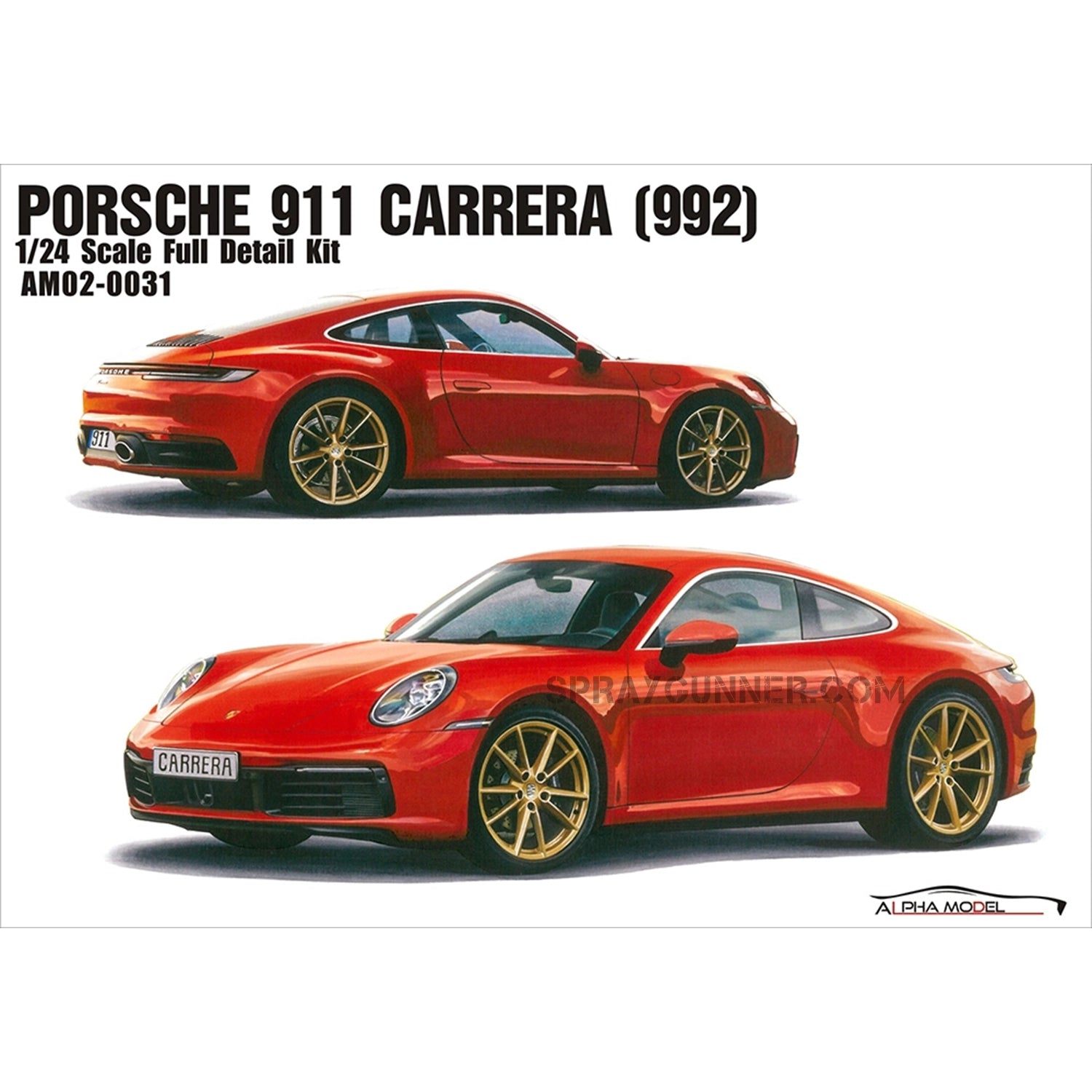 ALPHA MODEL 1/24 scale model car kit of Porsche 911 Carrera 2021 featuring a detailed replica in red with gold rims. Perfect for model car enthusiasts.