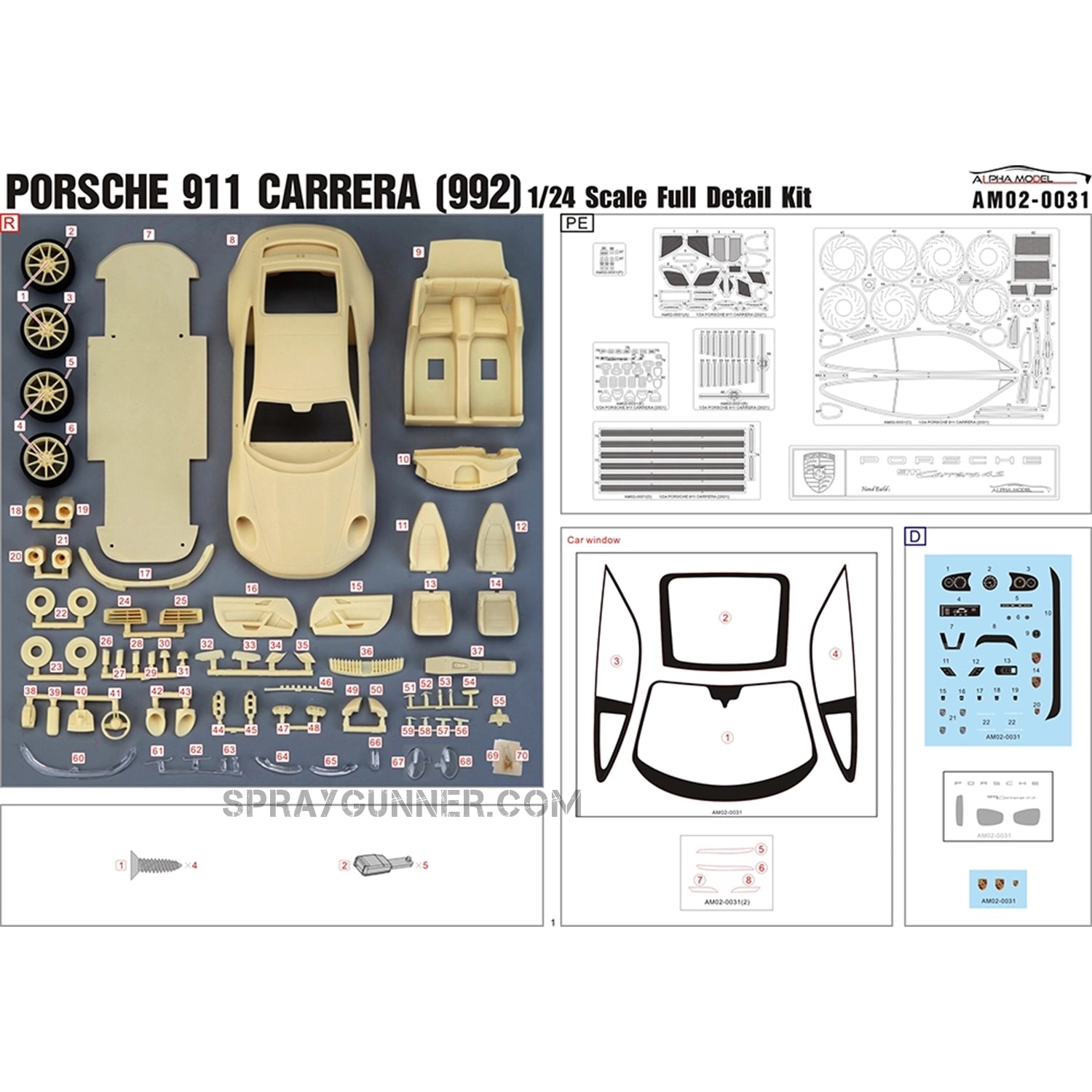 ALPHA MODEL 1/24 scale model Porsche 911 Carrera 2021 vehicle kit with a well crafted red and gold rim reproduction. Ideal for fans of model cars.