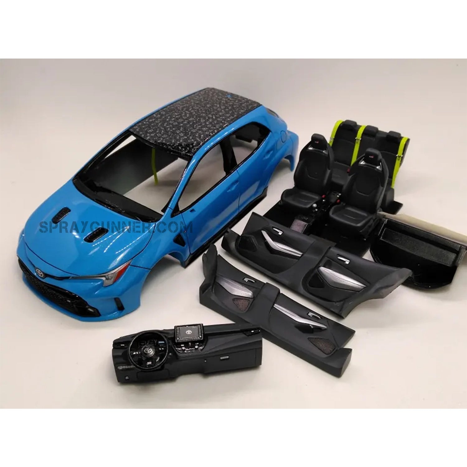 SprayGunner's ALPHA MODEL 1/24 scale model automobile kit for Toyota GR COROLLA. Detailed size model kit for auto lovers and hobbyists.