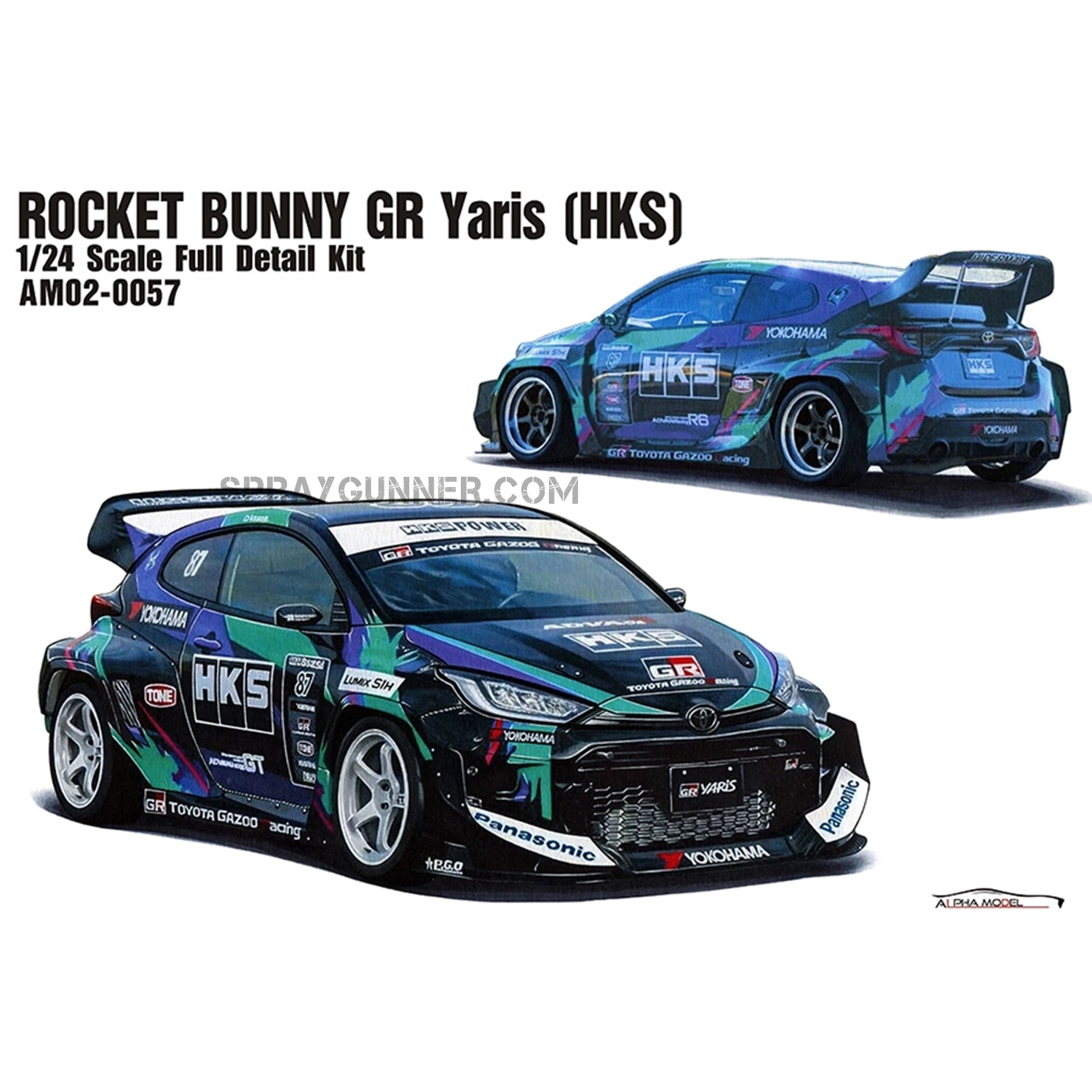 ALPHA MODEL 1/24 Scale Model Car Kit Rocket Bunny GR Yaris (HKS) featuring a highly detailed body with HKS livery. Perfect for scale model enthusiasts.