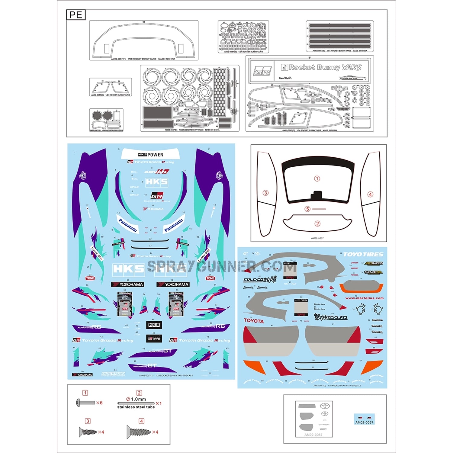 HKS livery and a highly detailed body are features of the ALPHA MODEL 1/24 Scale Model Car Kit Rocket Bunny GR Yaris (HKS). ideal for fans of scale models.