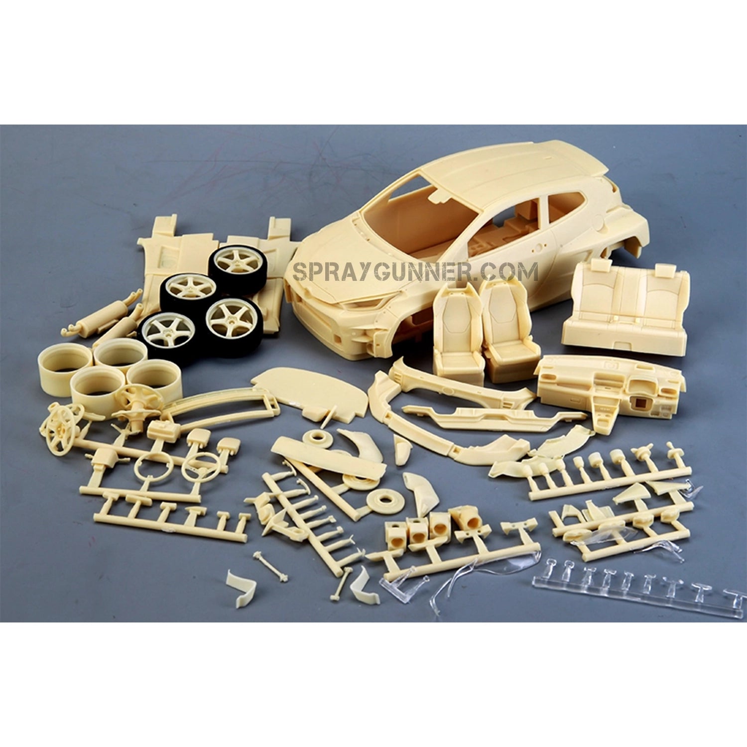 The ALPHA MODEL 1/24 Scale Model Car Kit Rocket Bunny GR Yaris (HKS) has an extremely detailed body and is liveried in HKS. Ideal for aficionados of scale models.