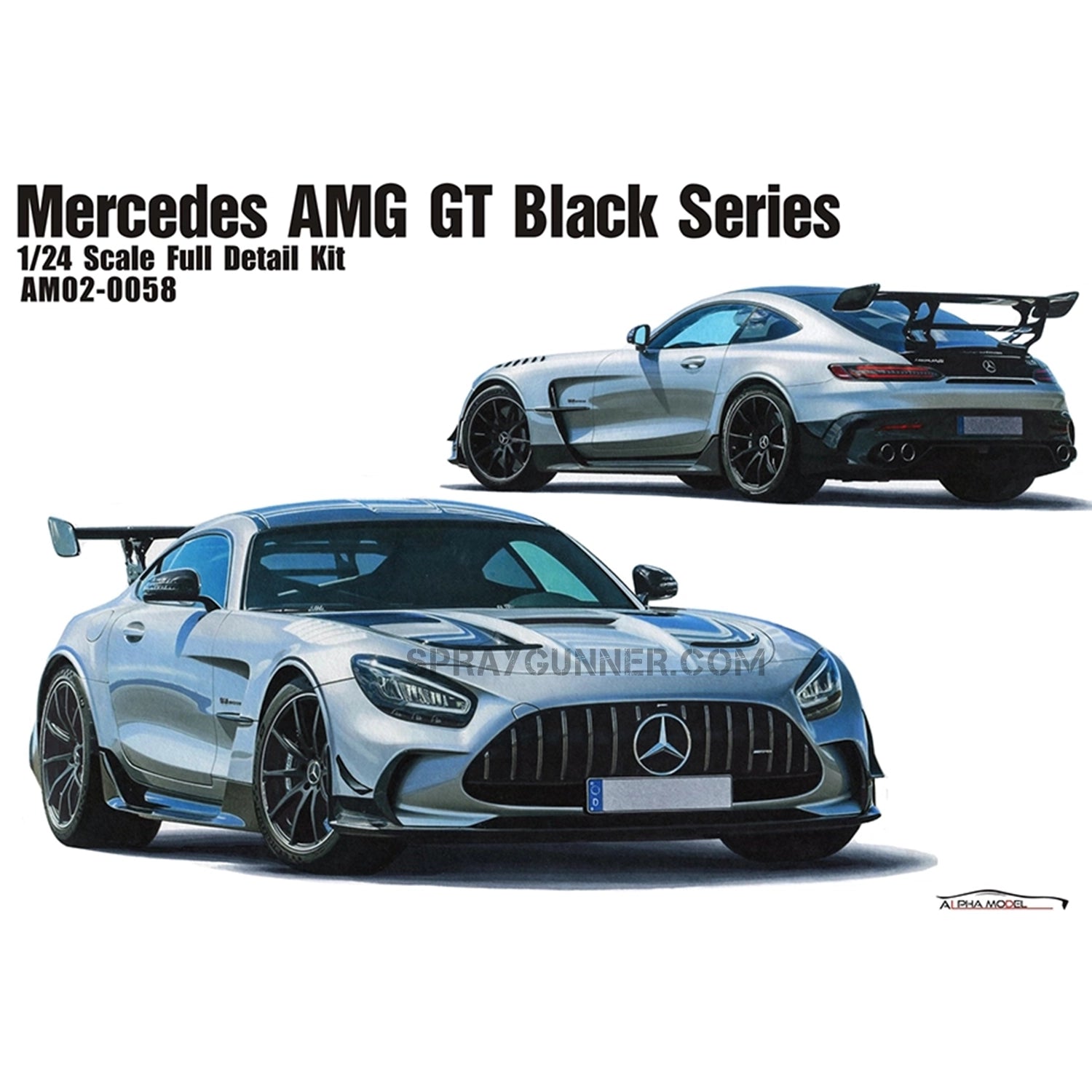 ALPHA MODEL 1/24 scale model car kit of Mercedes AMG GT Black Series featuring a highly detailed replica with aerodynamic design and precision parts.