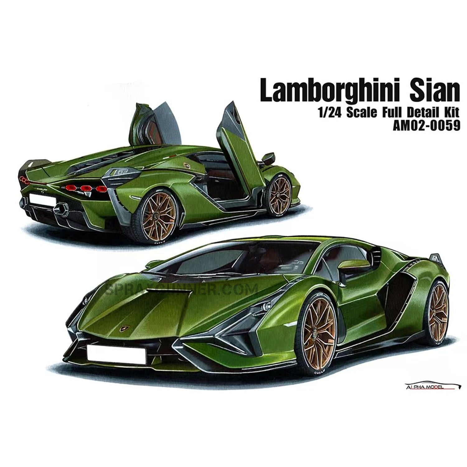ALPHA MODEL 1/24 Scale Model Car Kit – Lamborghini Sián featuring a highly detailed replica of the luxury sports car with open and closed door views.