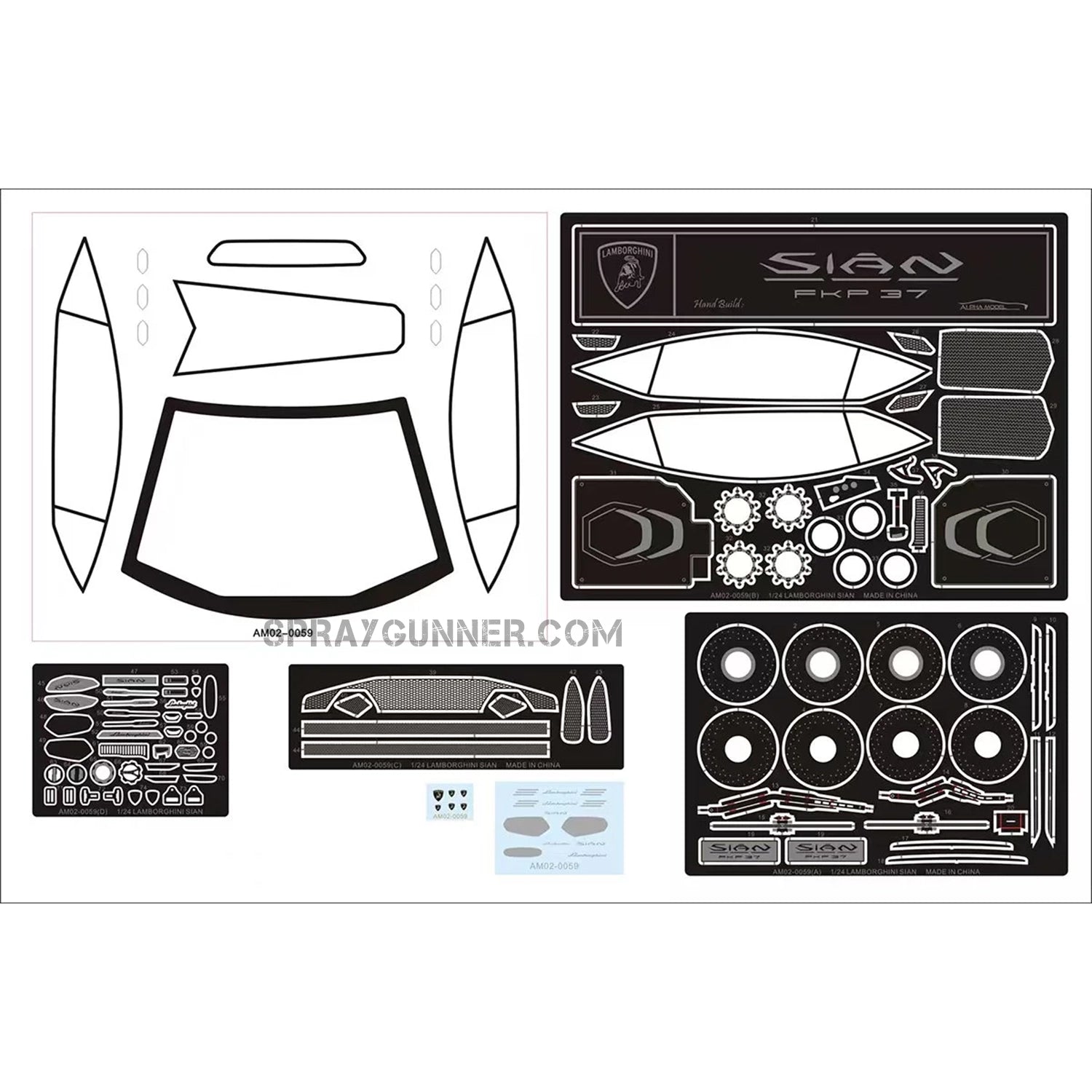 Lamborghini Sián ALPHA MODEL 1/24 Scale Model Car Kit: a well detailed model of the high-end sports vehicle with views of its open and closed doors.