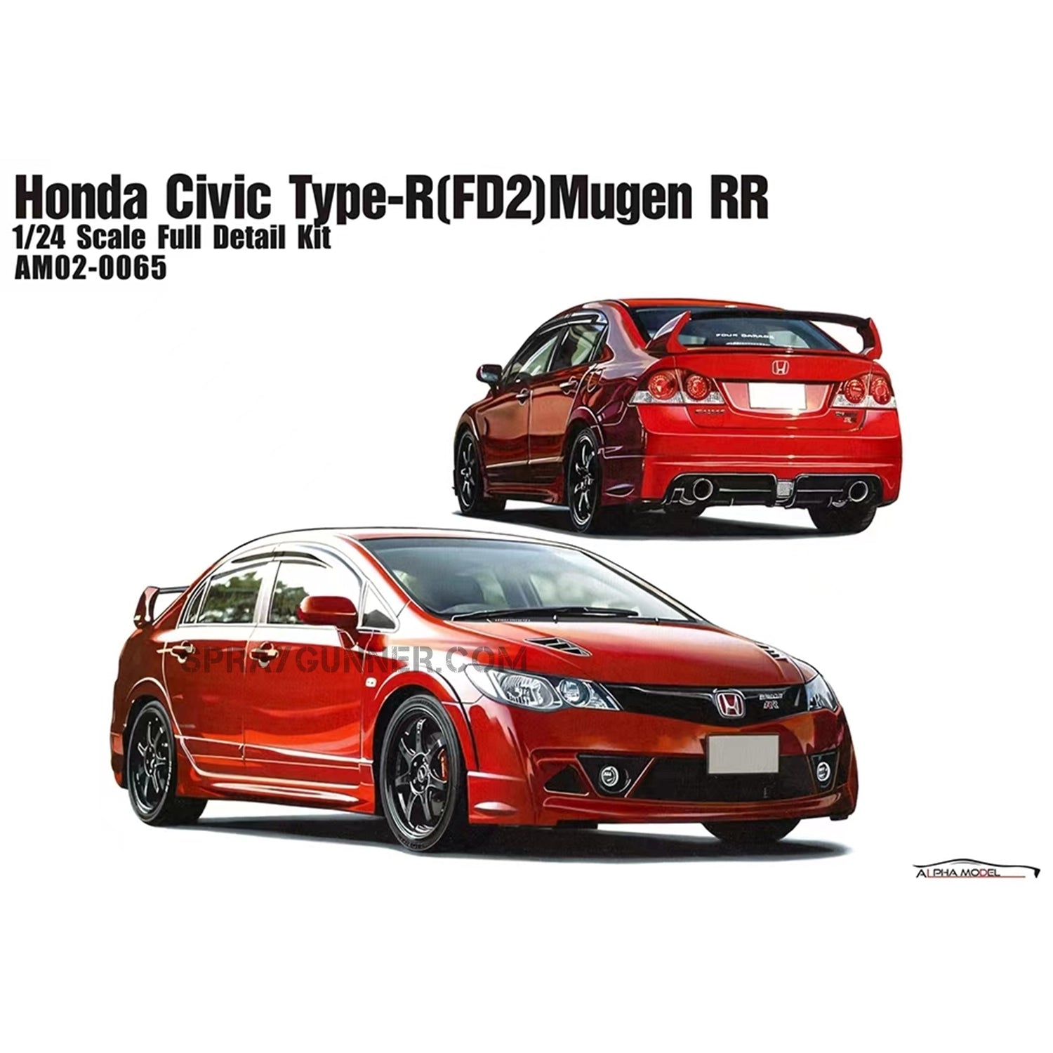 ALPHA MODEL 1/24 scale model kit of Honda Civic Type (FD2) Mugen RR featuring a highly detailed red sports sedan with aerodynamic enhancements.
