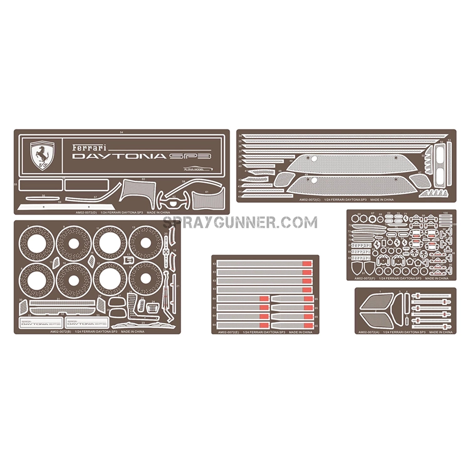 ALPHA MODEL: A 1/24 size model automobile kit Ferrari Daytona SP3 decal sheet with customizable racing stripes, logos, and numbering.