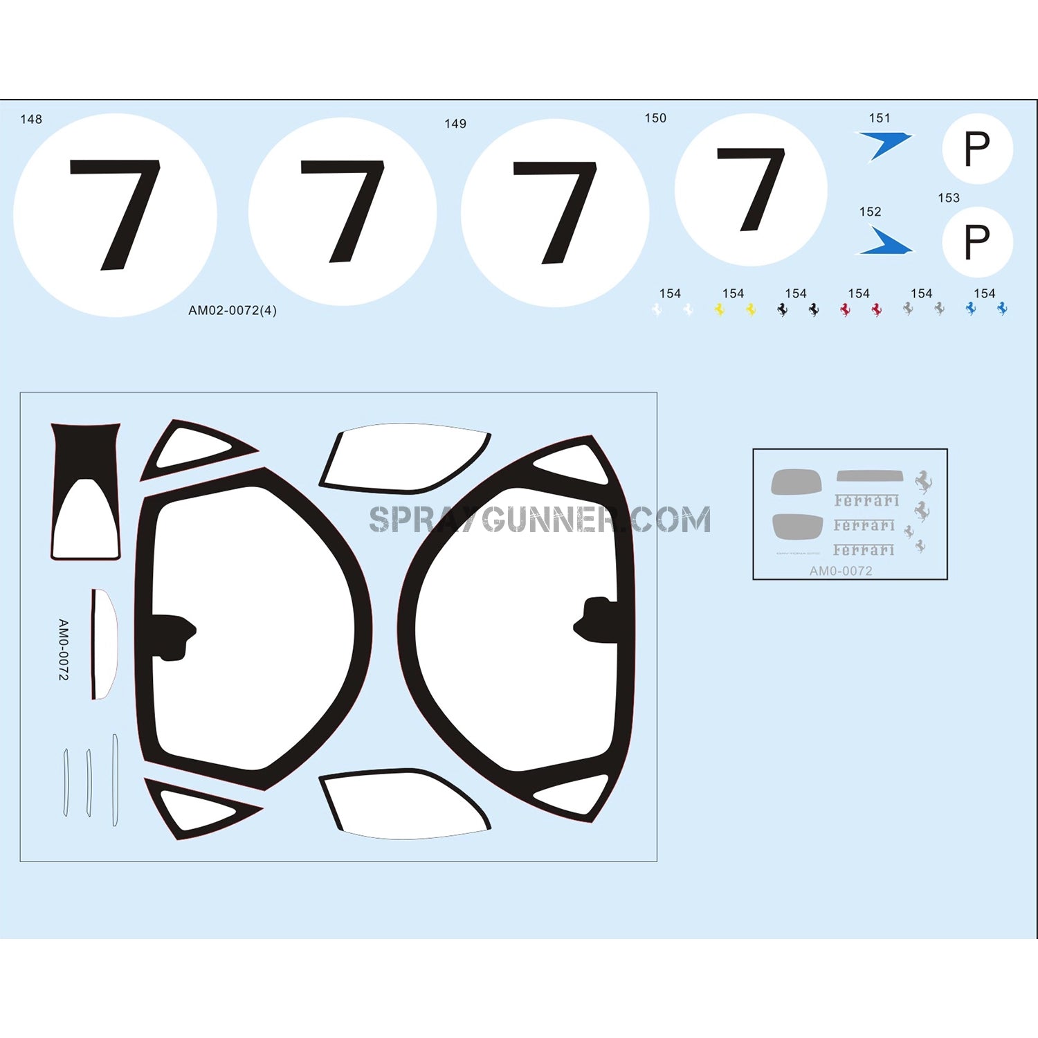Personalized Ferrari Daytona SP3 decal sheet with racing stripes, logos, and numbers details for a 1/24 size model car kit.