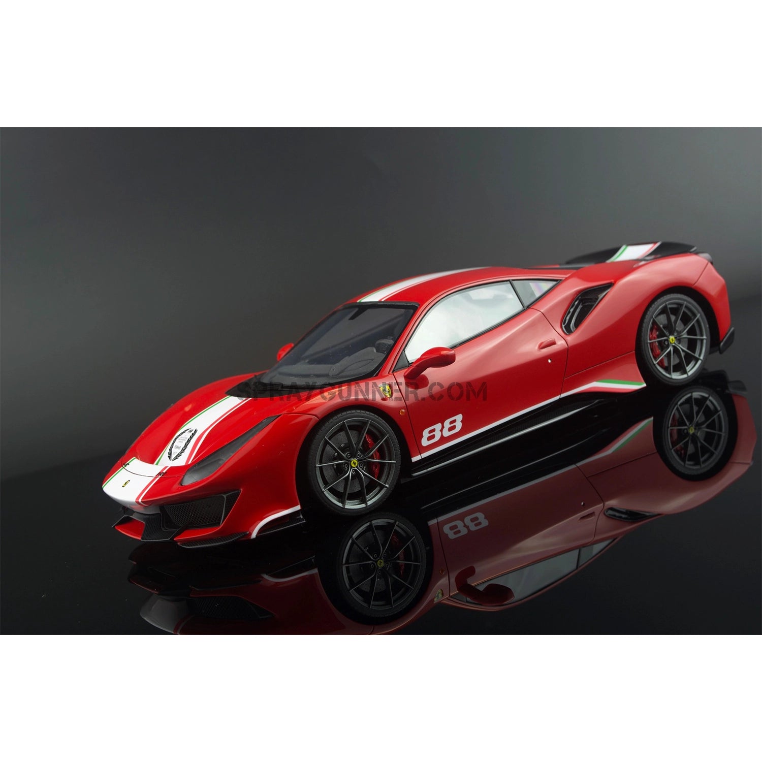 With its red exterior and racing stripes, the ALPHA MODEL 1/24 scale model vehicle kit of the Ferrari 488 Pista is an incredibly detailed copy.